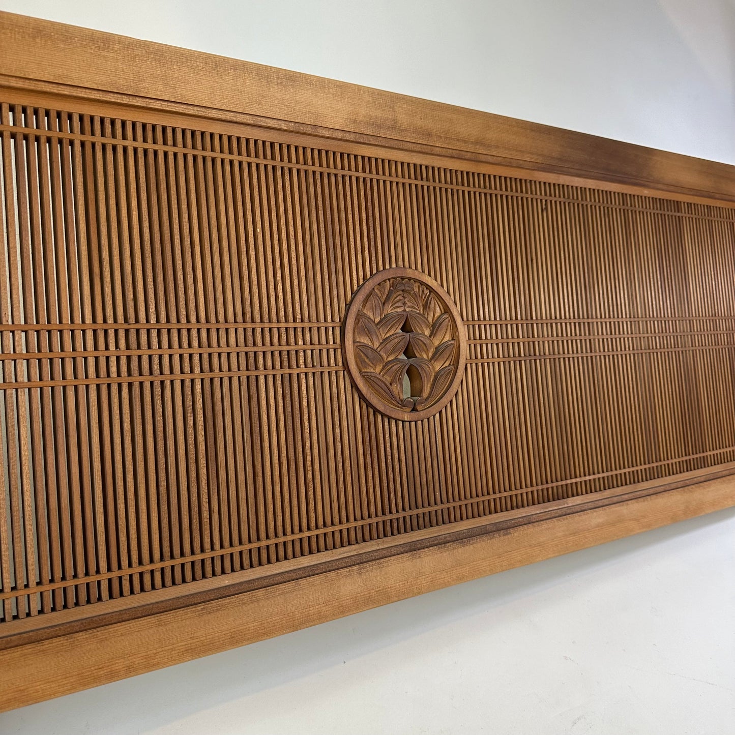 Vintage Japanese Ranma PAIR Transom Glass Geometric Lattice Sugi Wood 69.5"