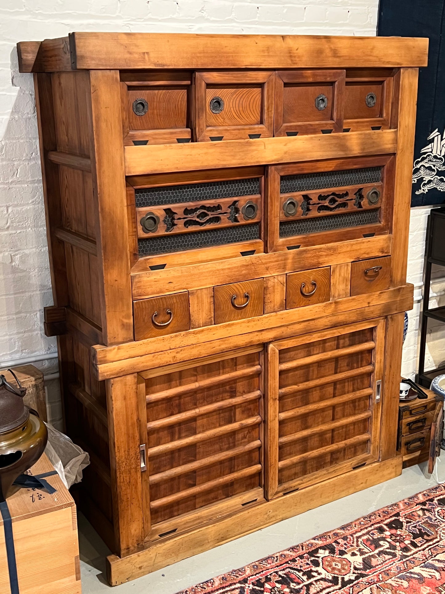 Antique Japanese Kitchen Tansu Meiji Era c1890's Keyaki & Sugi Wood Tansu Chest 48"W