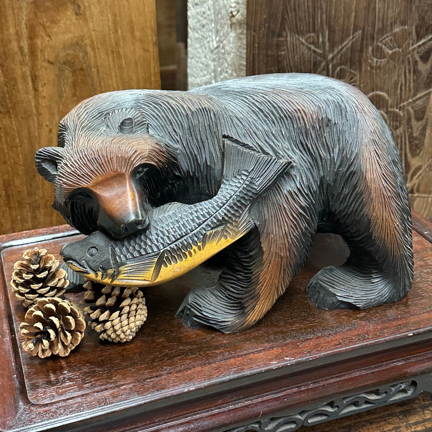 Vintage Japanese Ainu Bear Kuma Horiguma w/ Salmon Cedar 13”
