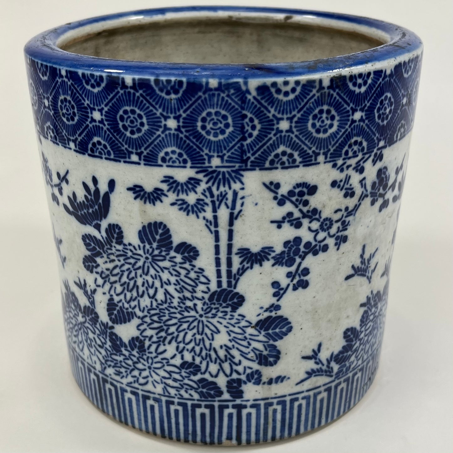 Antique Japanese Meiji Era small Ceramic Blue & White Hibachi Brazier 6”