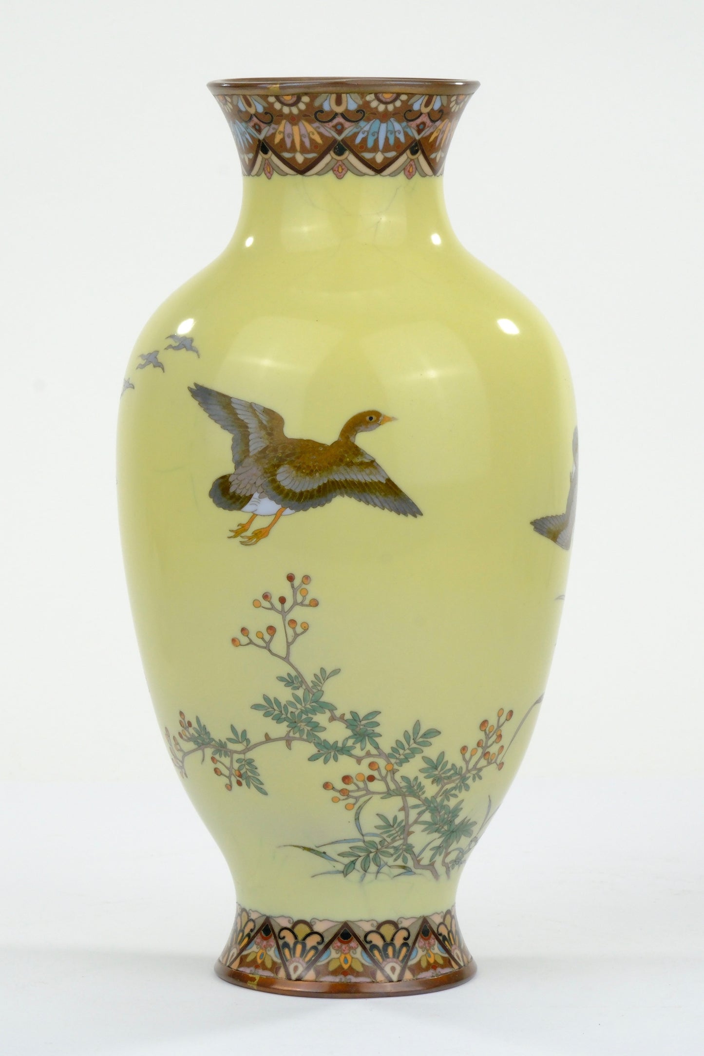 Antique Japanese Meiji Era (c1880) Cloisonné Vase Geese in Flight Yellow 10”