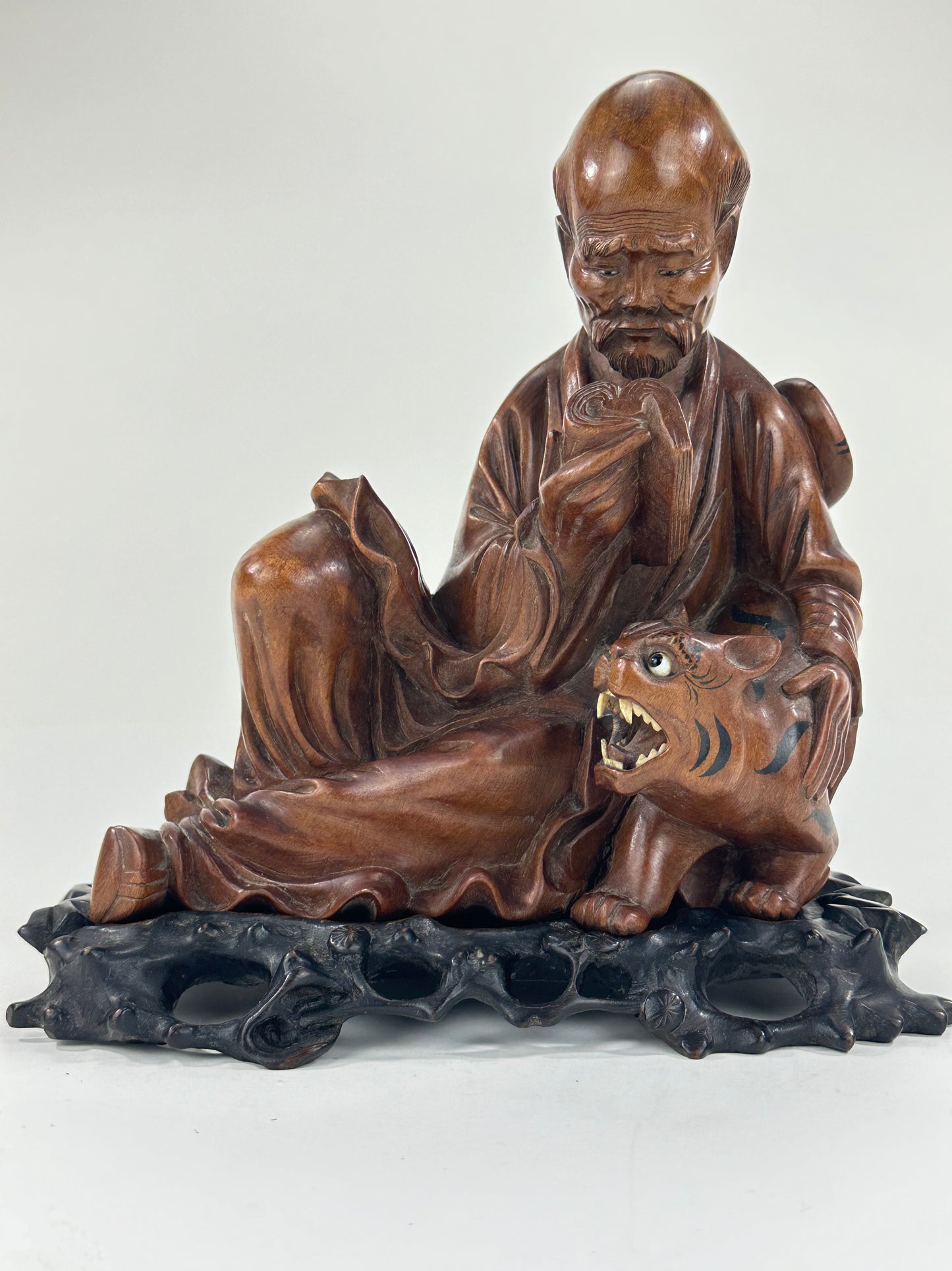 Antique Chinese Carved Wooden Statue of Immortal w/ Tiger 10”