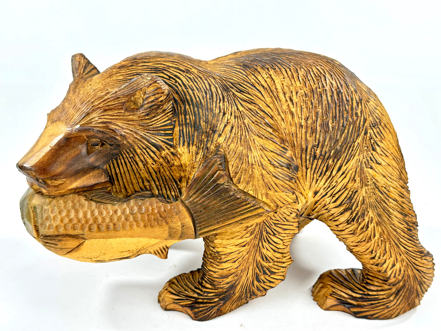 Vintage Japanese Ainu Bear Kuma w/ Salmon Signed Sugi Wood ~9"