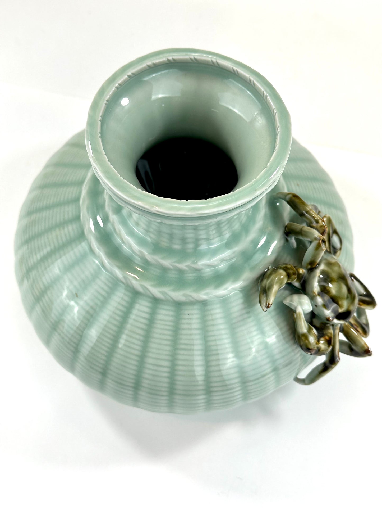 Vintage Japanese Celadon Basket-Weave Vase with Applied Crab 9.5"