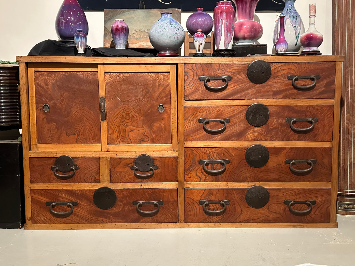 Antique Japanese Tansu Meiji Era (1868-1912) Keyaki Elm Tansu Chest 65"W