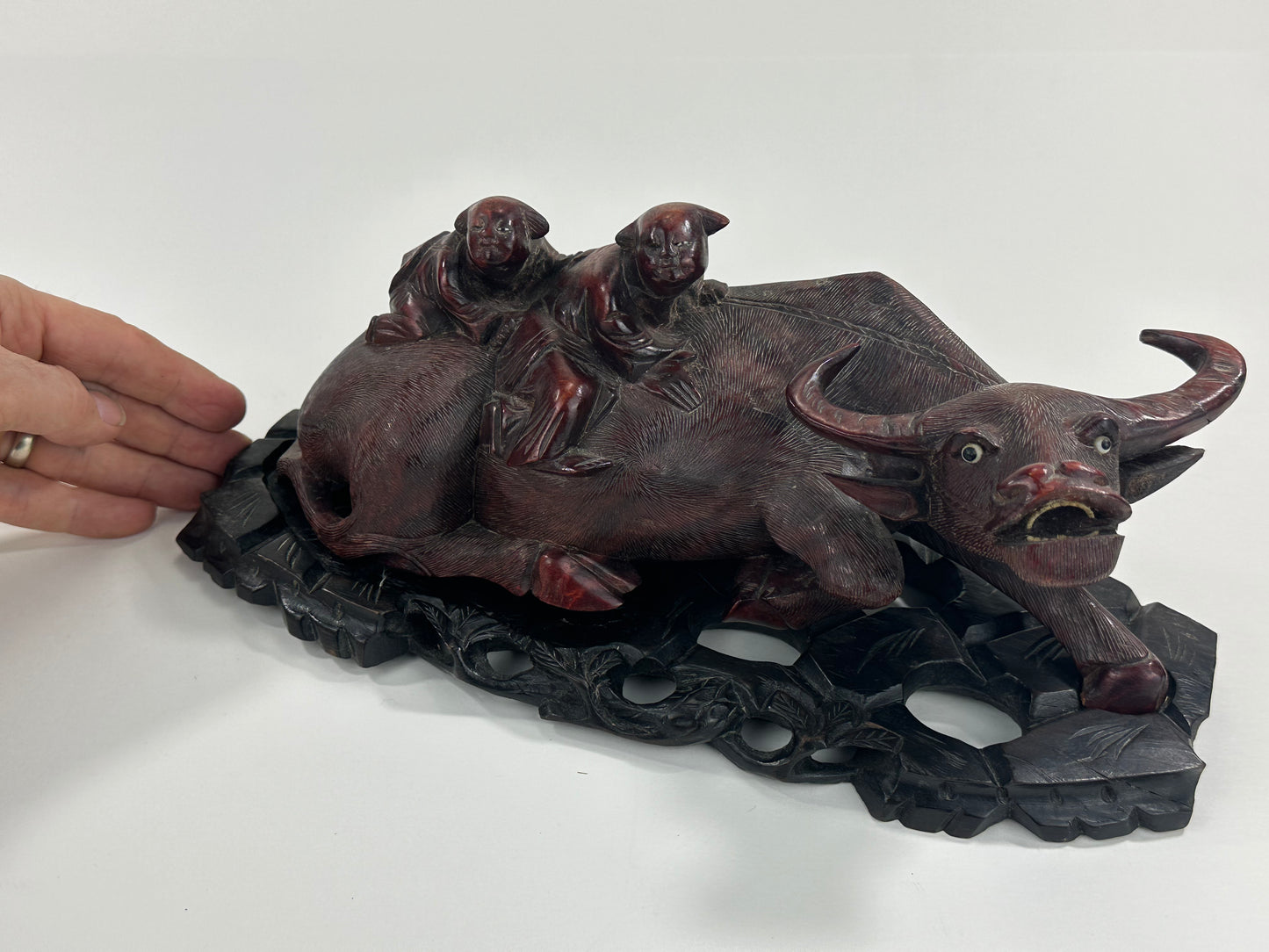 Antique Chinese Hand Carved Wooden Sculpture Buffalo & Children 14”