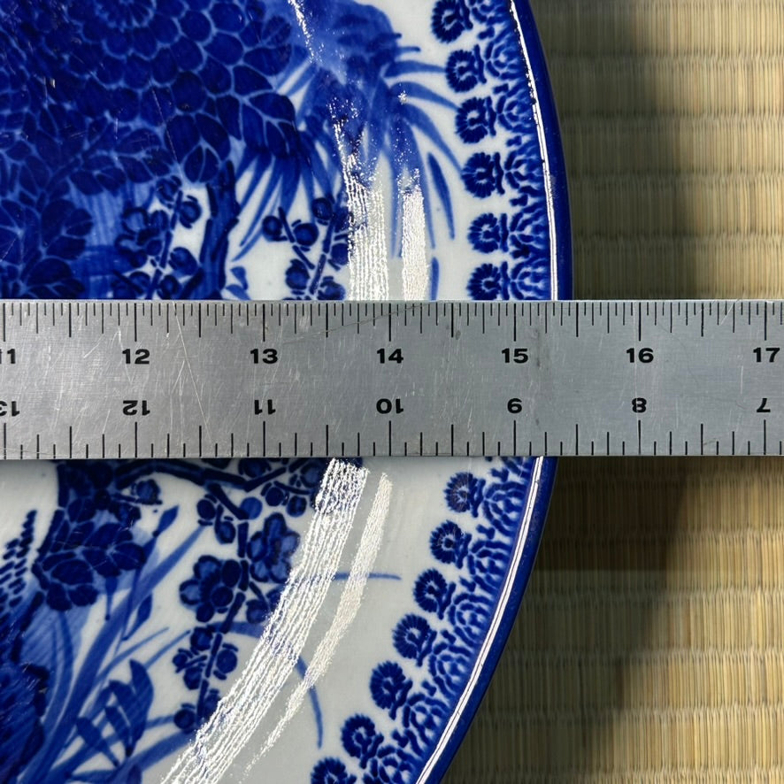 Antique Japanese Blue & White Porcelain Plate Kacho Bird Flower Landscape 14"W