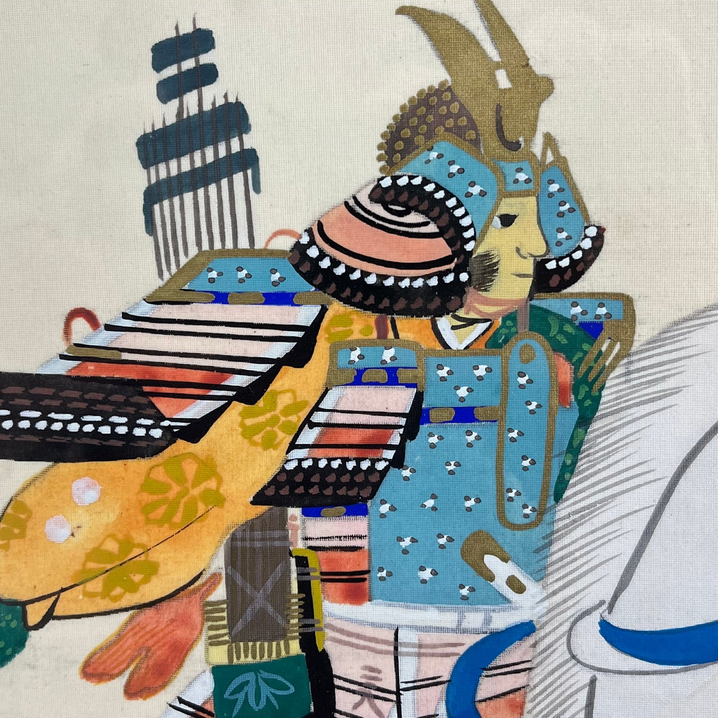 Framed Painting of Kamakura Era Samurai On Horseback 17"