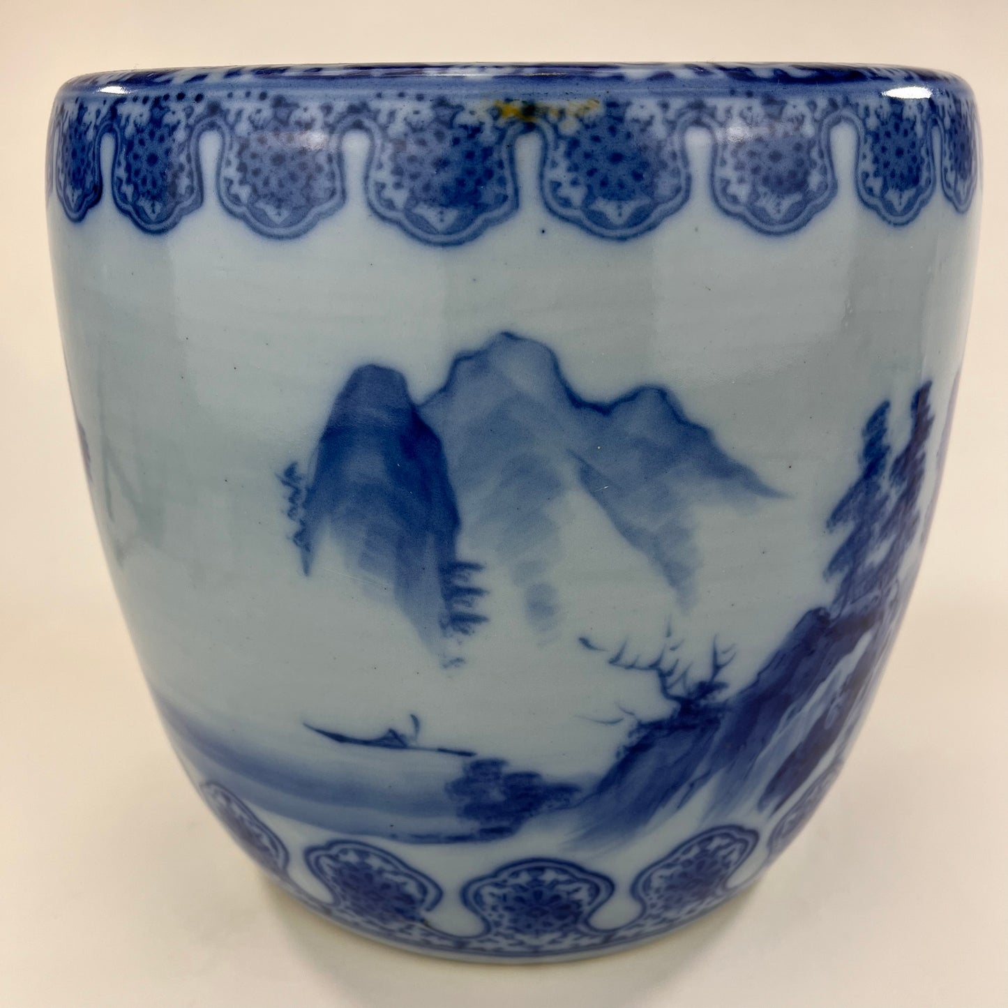 Antique Japanese Meiji Era Ceramic Blue & White Hibachi Brazier mountans & water 10.5”