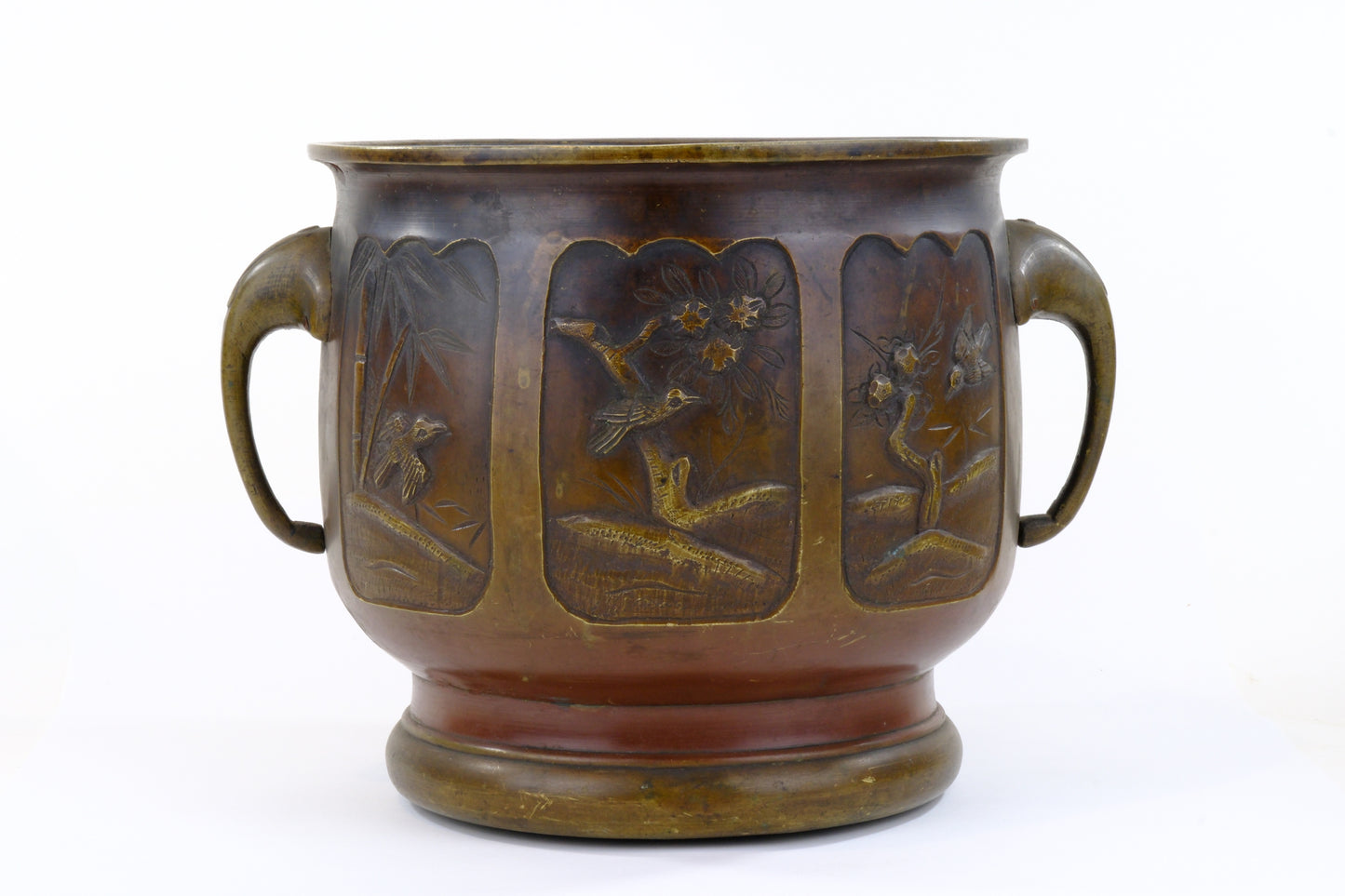 Antique Japanese Meiji Era Bronze Hibachi Brazier Floral Motif 9"H