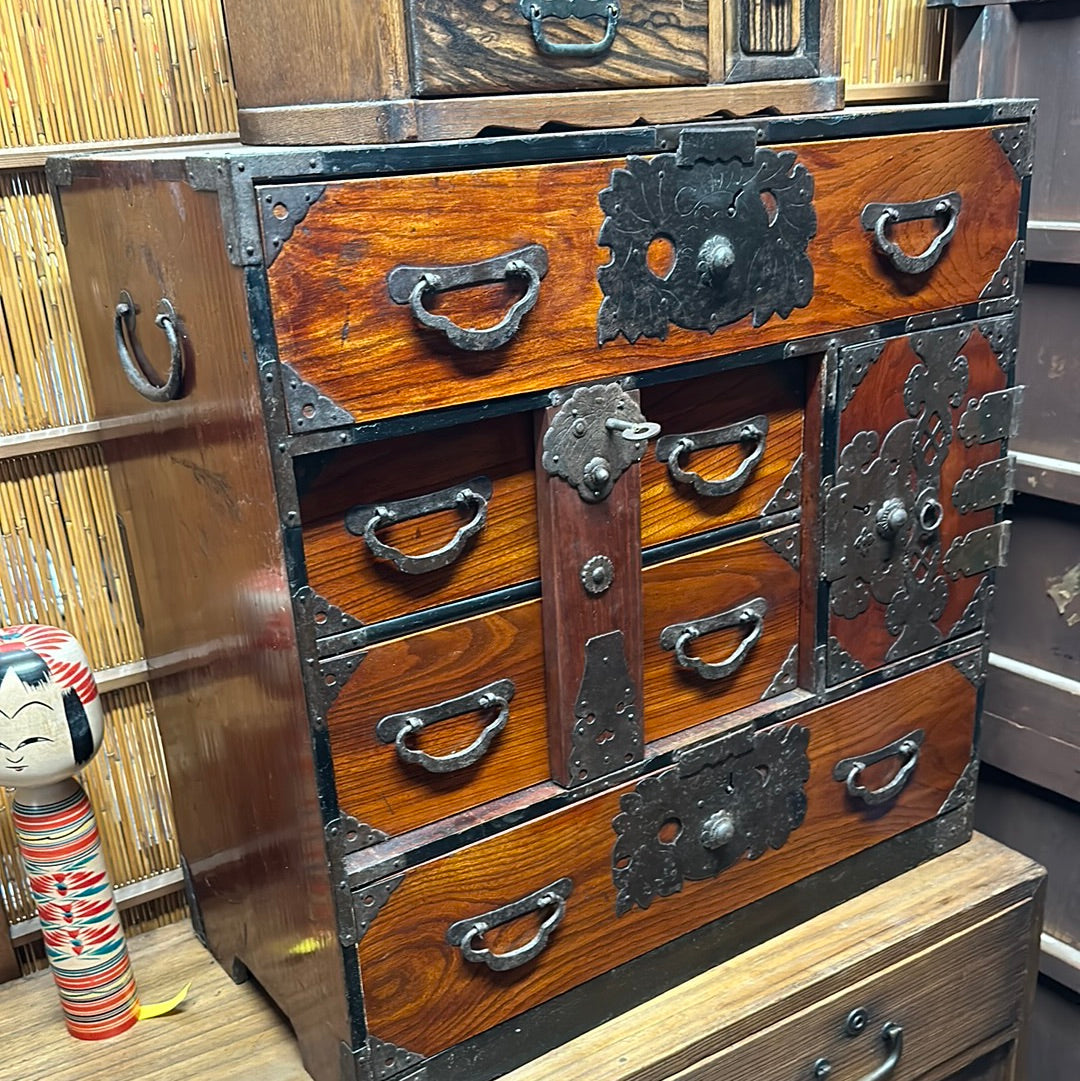 Antique Japanese Edo Era (c 1860) Bodansu Personal Tansu Red Lacquer 23"W