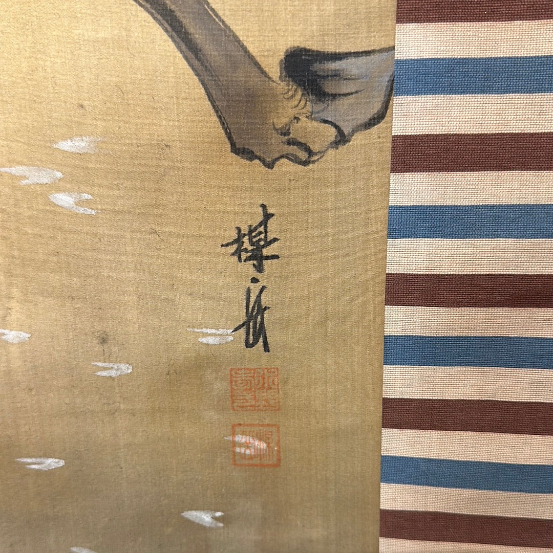 Japanese Scroll Hand Painted on Silk Taisho Era Samurai on Horseback 71"