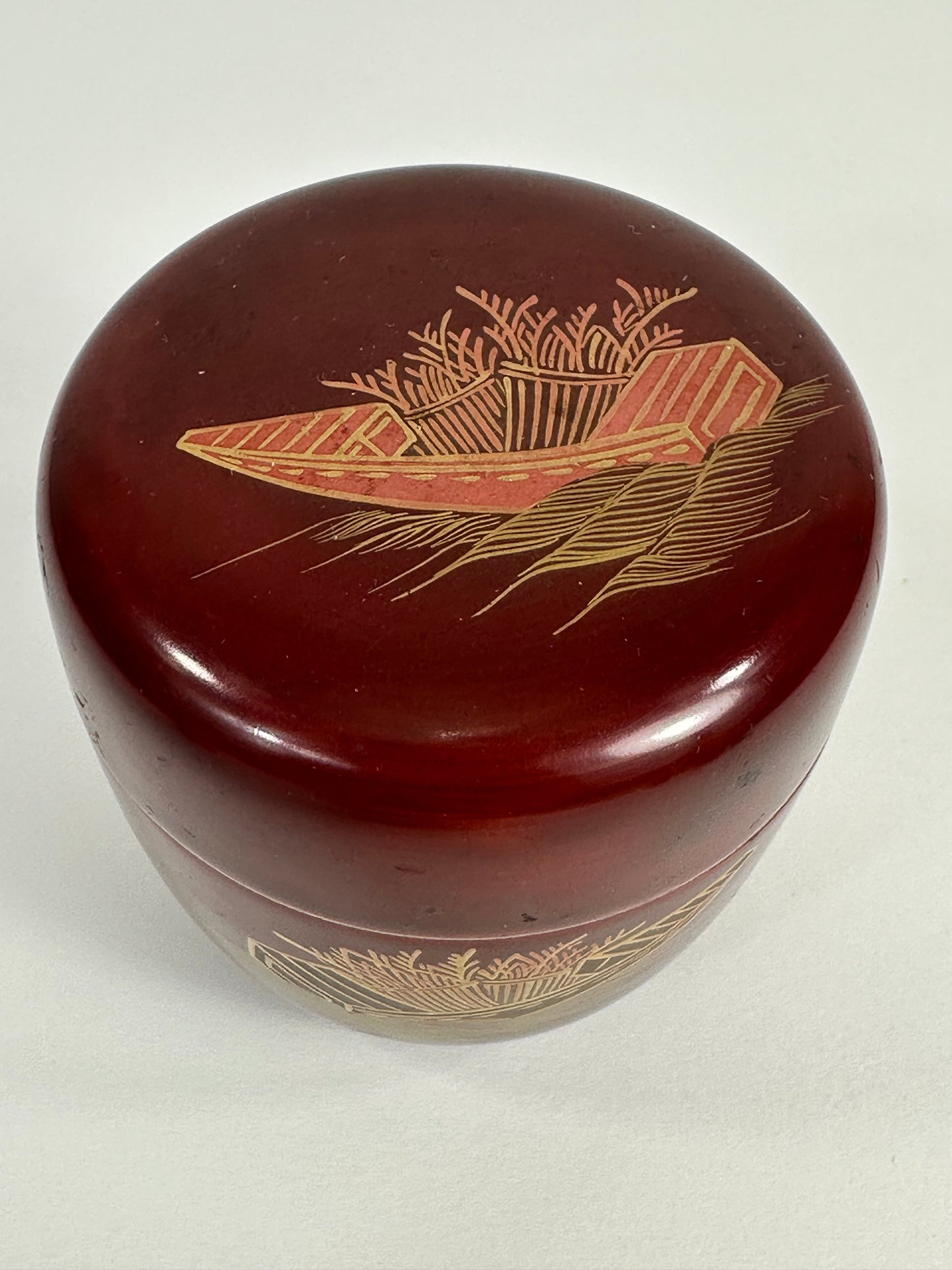 Vintage Japanese Tea Ceremony Natsume Red Lacquer Shibafune Gold Maki-e 3”