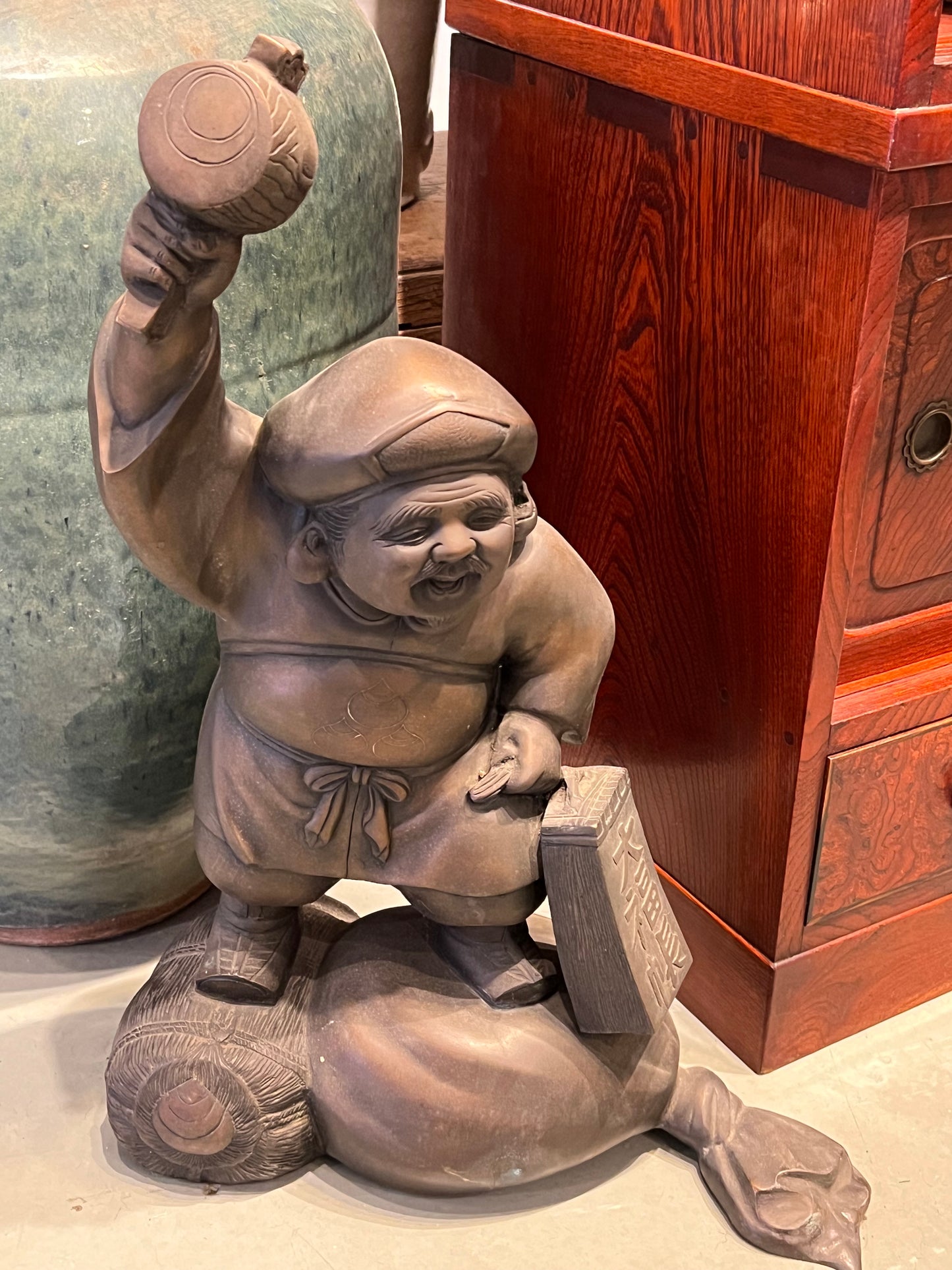 Vintage Japanese Bronze Statue Daikokuji Lucky God w/ Hammer 22"