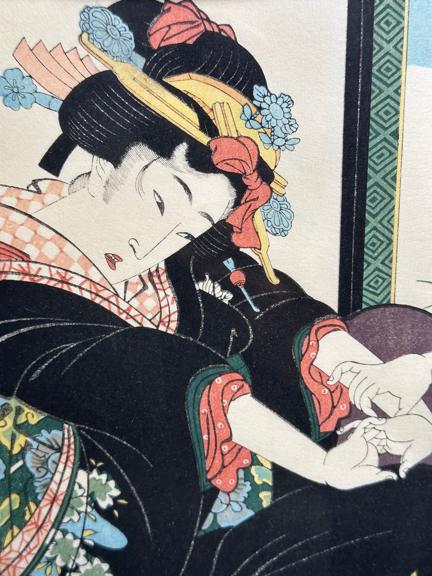 Japanese Woodblock Reproduction Print by Eisen "Maegami and a Girl" 20x16