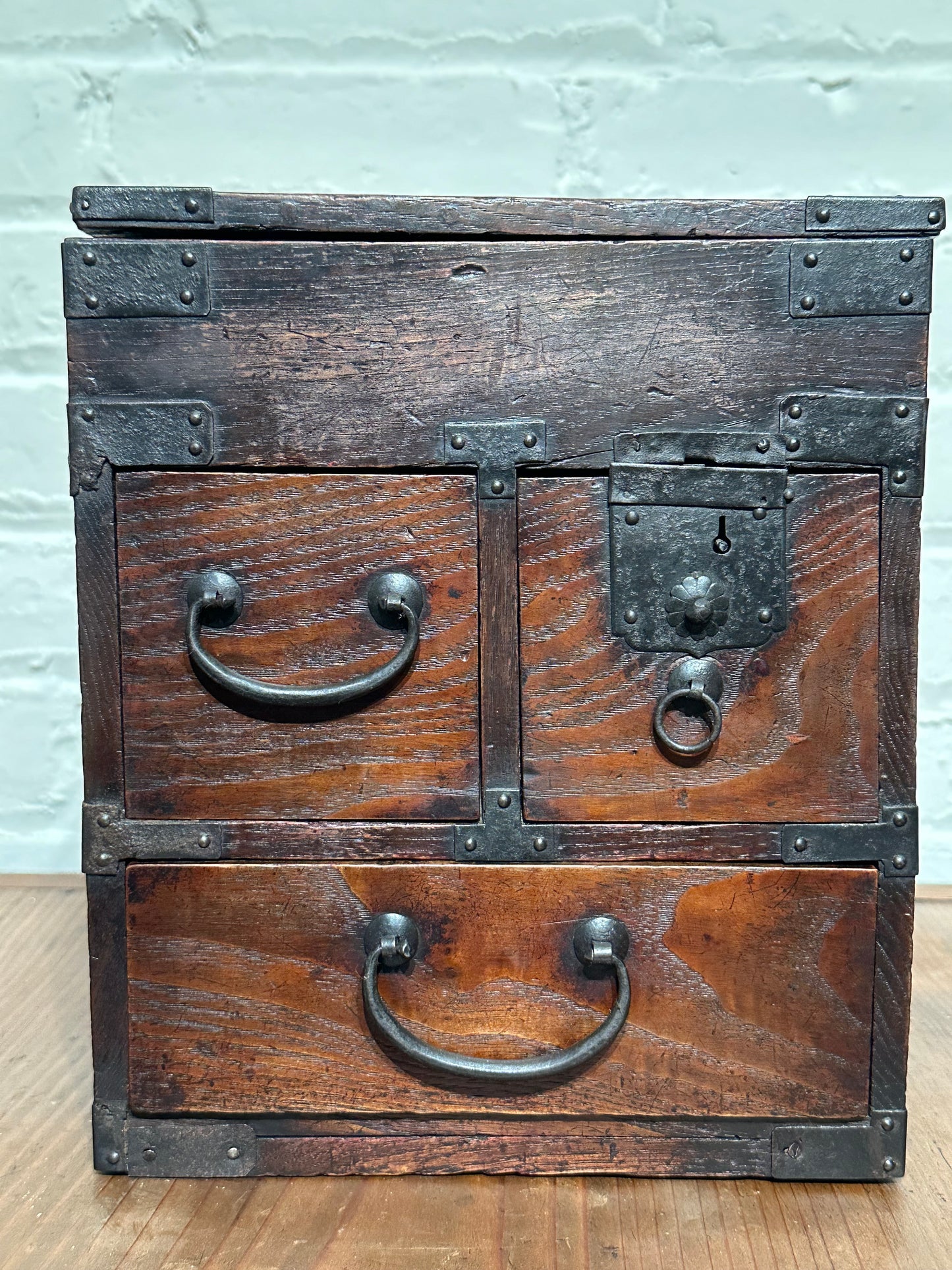 Antique Japanese Meiji Era 1880's Suzuribako Calligraphy Tansu Chestnut 3 Drawer 13"