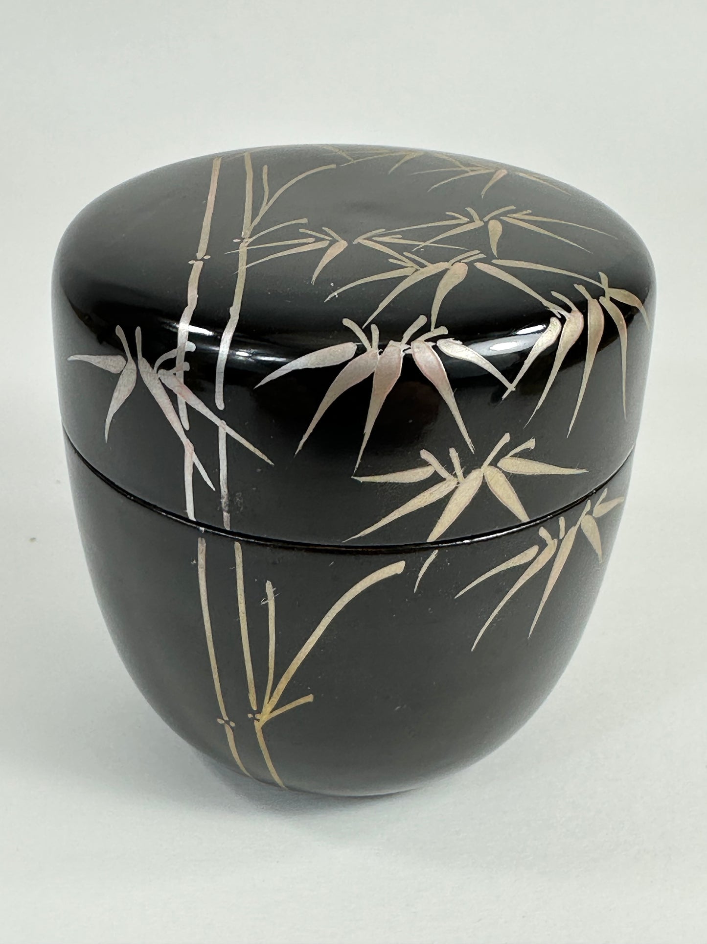 Vintage Japanese Tea Ceremony Natsume Black Lacquer Silver Bamboo 3”