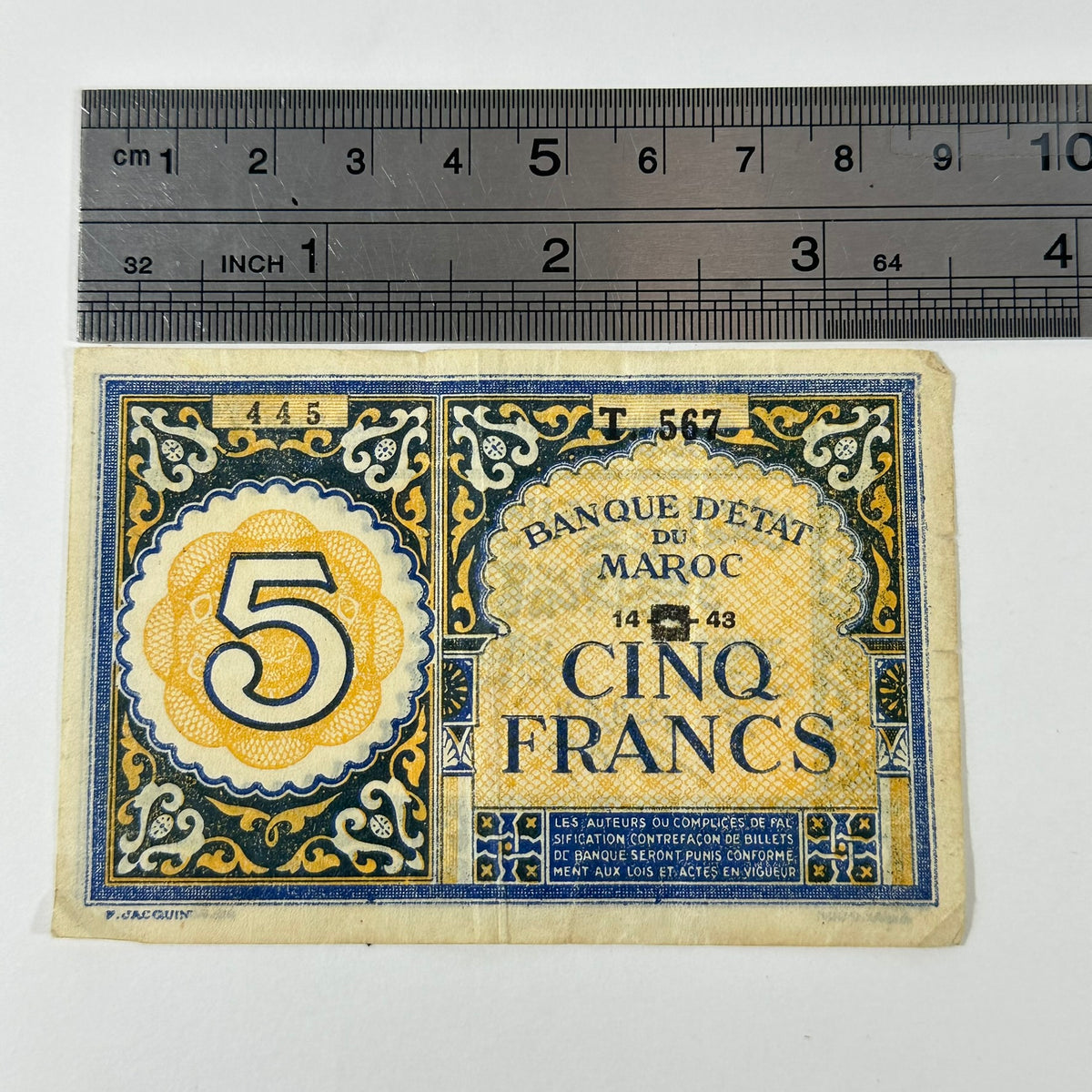 Vintage WWII Era Morocco 5 Francs Banque d Etat du Maroc French Colonial 1943