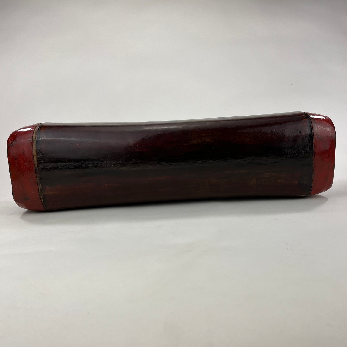Antique Chinese Headrest Leather Pillow Laquer Red & Black 18.5”x4.5”