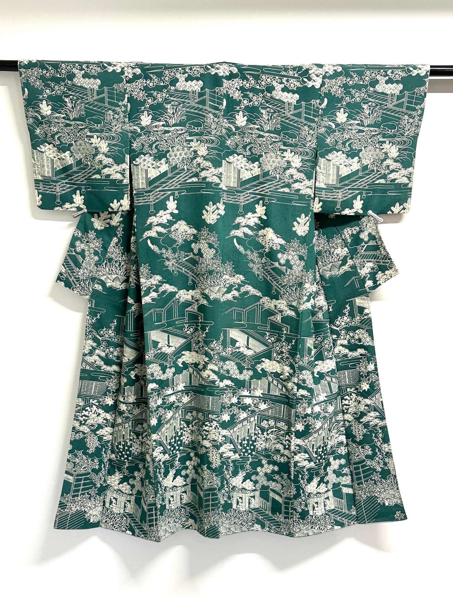 Vintage Japanese Silk Kimono Allover Garden Landscape Teien Crane Pine Teal Showa