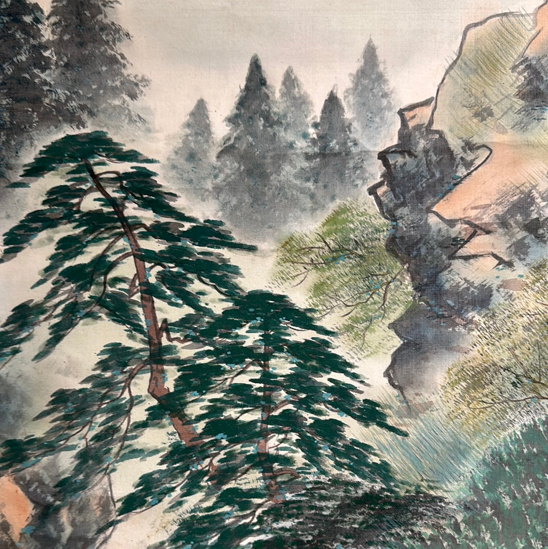 Japanese Vintage Scroll Kakejiku Hand Painted Showa Era Mountain Stream