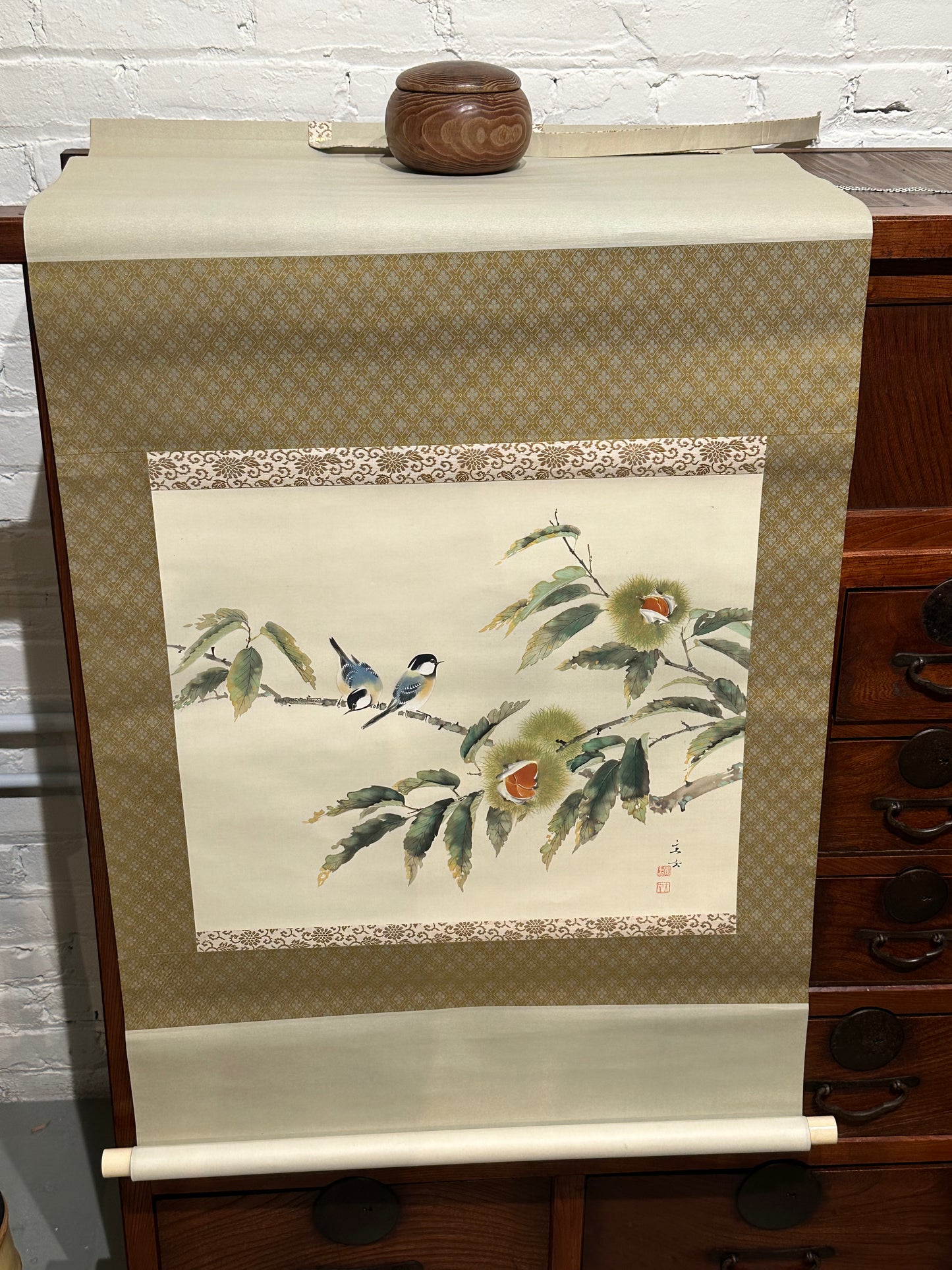 Vintage Japanese Scroll Hand Painted Mid 1900’s Chickadees