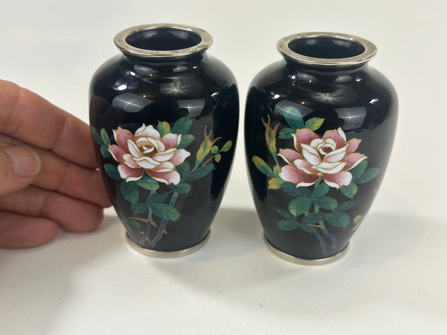 Antique Japanese Meiji Era (c1880) Cloisonné Vases x2 PAIR Pink Roses Black   3.5”