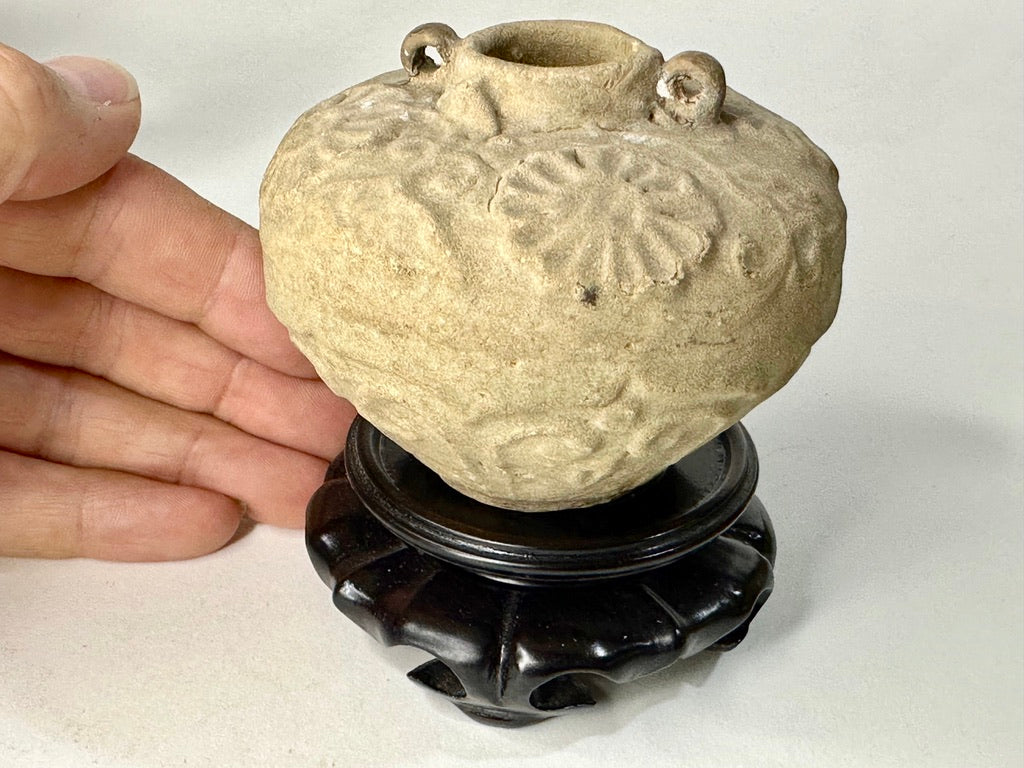 Southeast Asian Unglazed Stoneware Jar Stamped Floral Rosette Decoration Ring Handles Hardwood Stand 3.5"