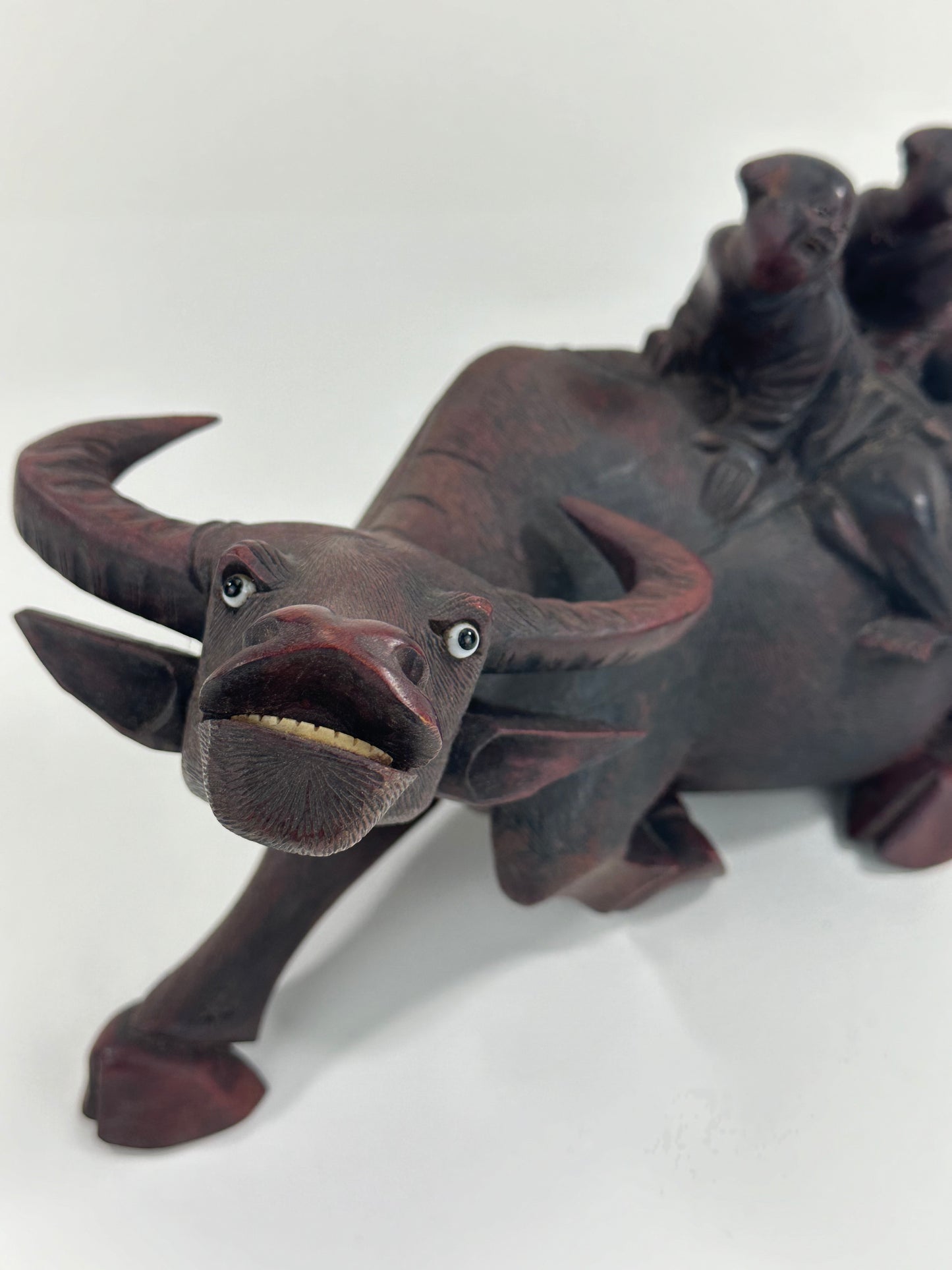Antique Chinese Hand Carved Wooden Sculpture Buffalo & Children 14”