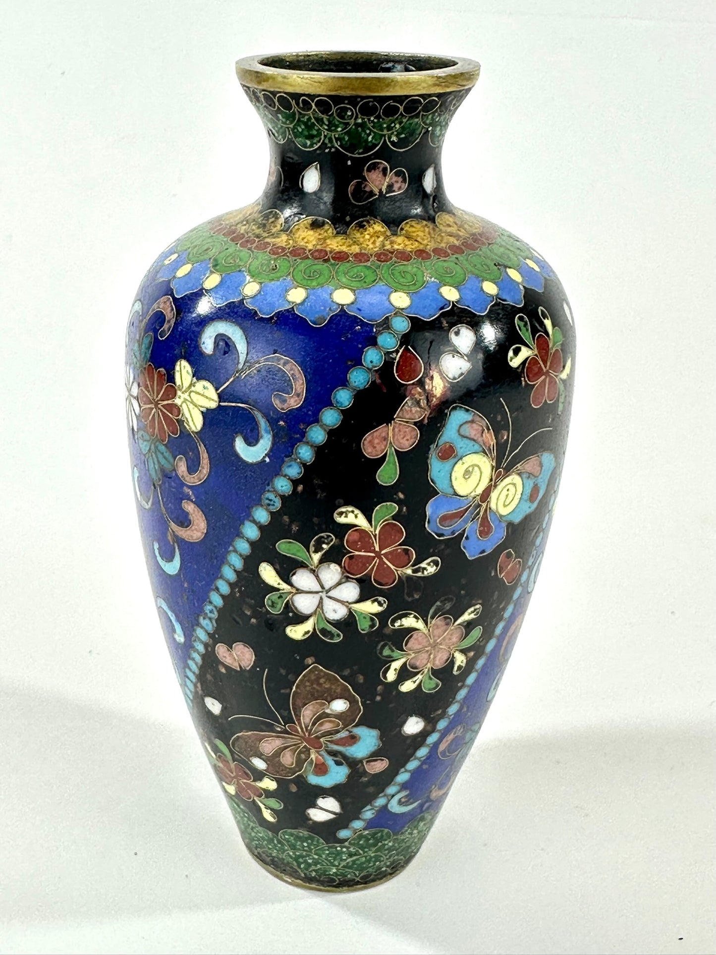 Japanese Meiji Cloisonne Shippo Baluster Vase Cobalt Black Butterfly Floral 5"H