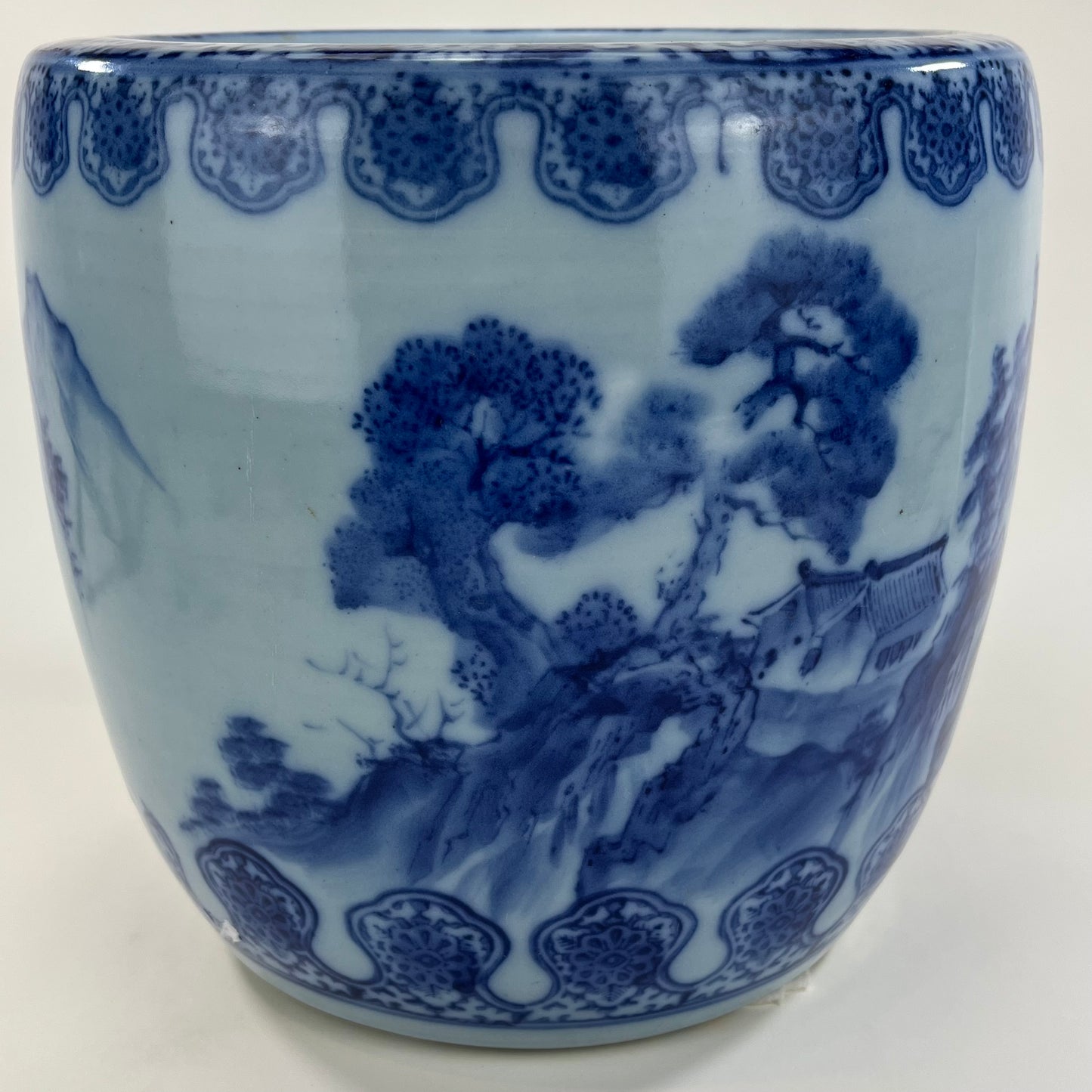 Antique Japanese Meiji Era Ceramic Blue & White Hibachi Brazier mountans & water 10.5”