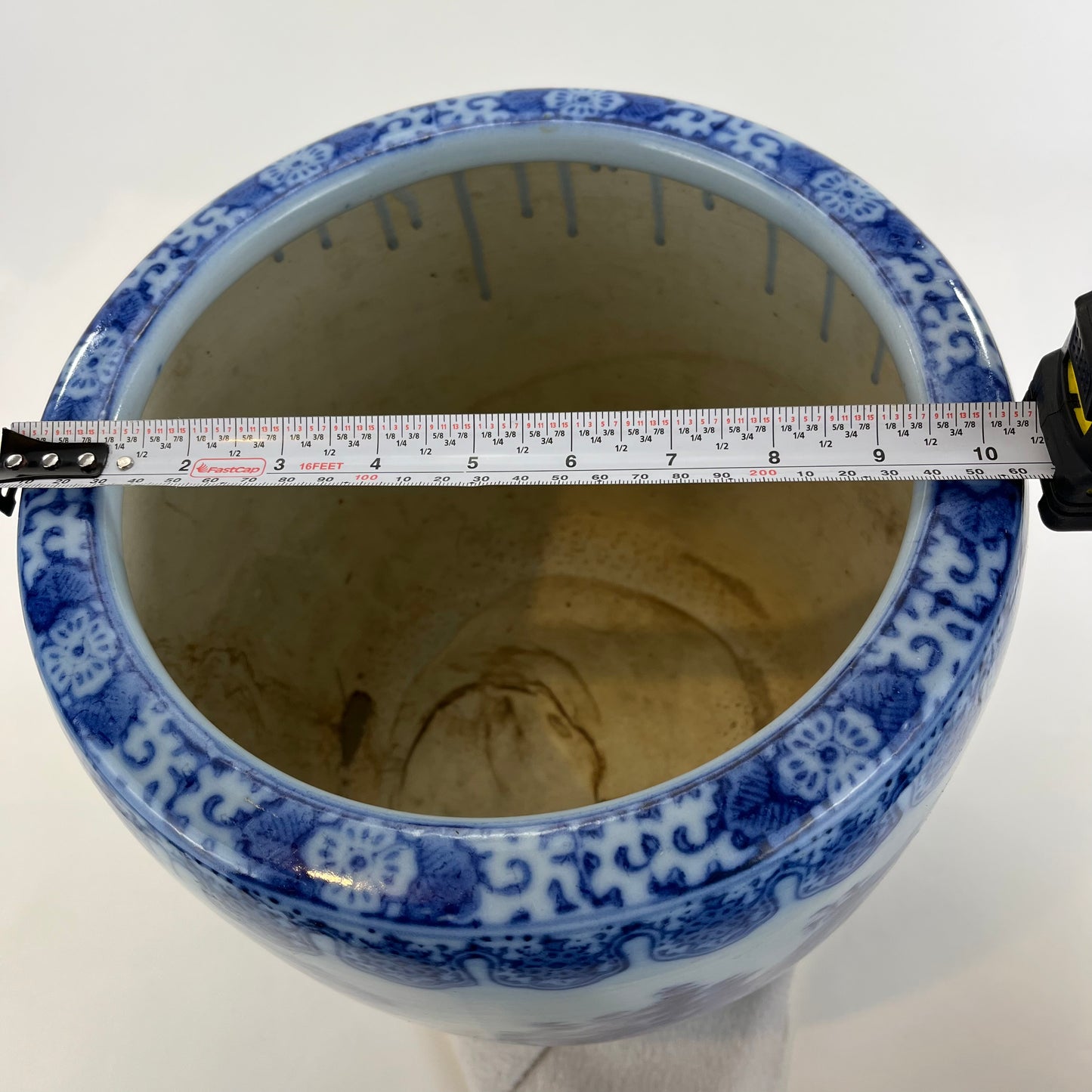 Antique Japanese Meiji Era Ceramic Blue & White Hibachi Brazier mountans & water 10.5”