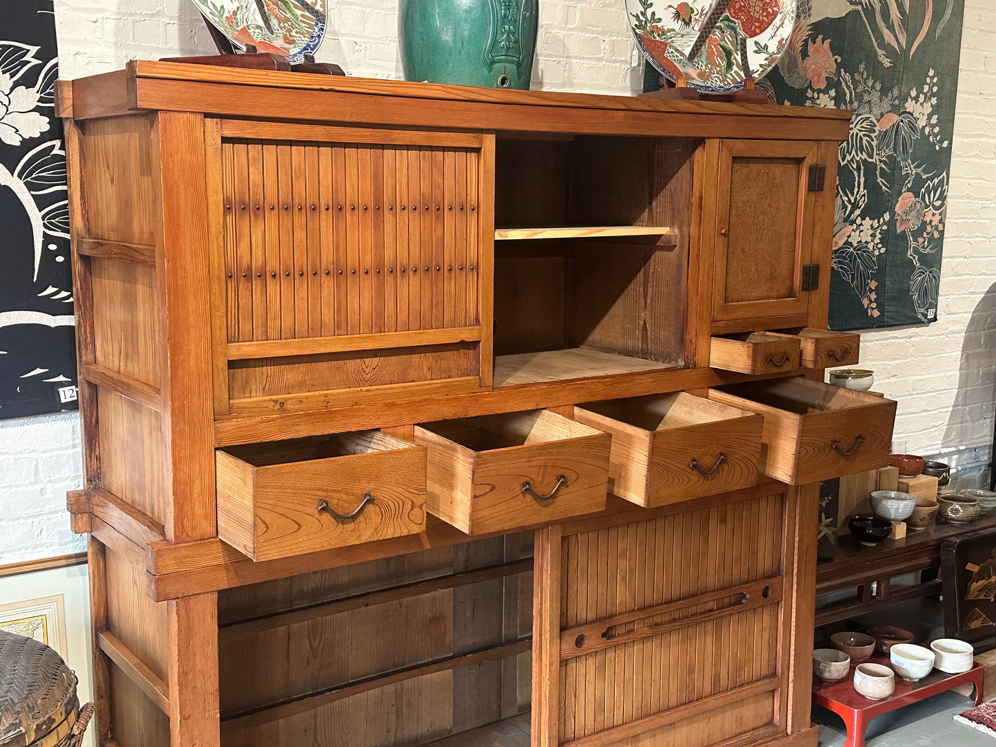 Antique Japanese Kitchen Tansu Meiji Era c1890's Keyaki & Sugi Wood Tansu Chest 6'