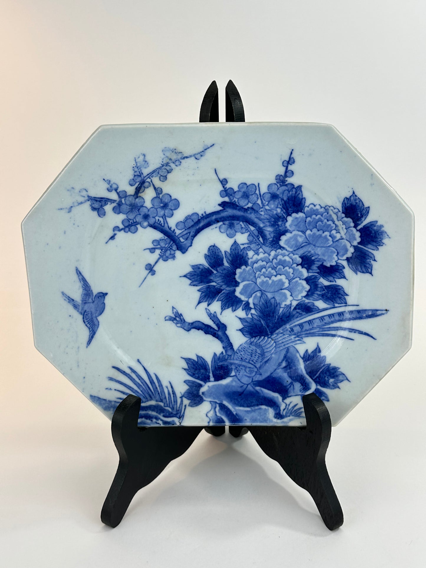 Antique Japanese Meiji Era c1880's Imari Blue & White Plate Birds Peonies 11"W