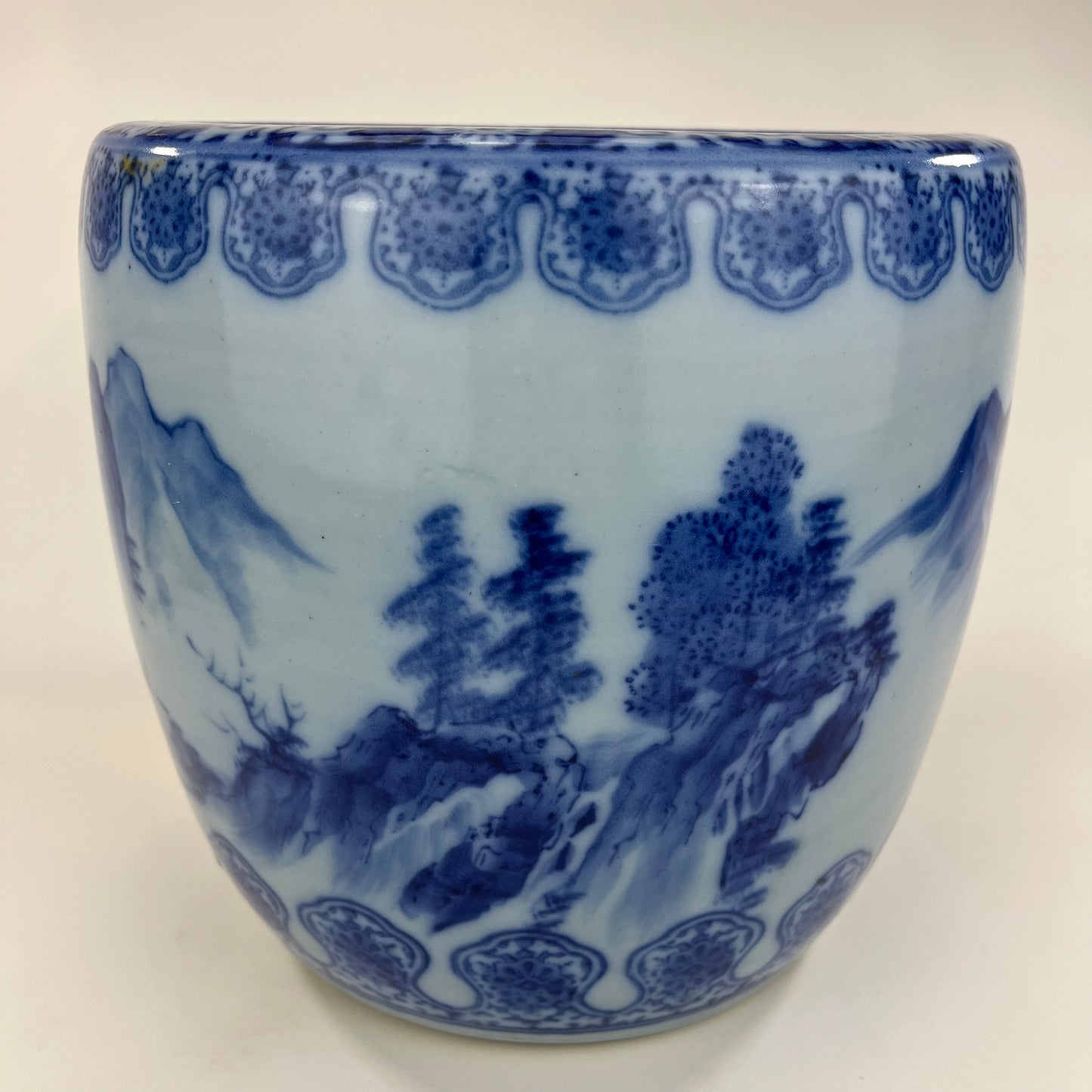 Antique Japanese Meiji Era Ceramic Blue & White Hibachi Brazier mountans & water 10.5”
