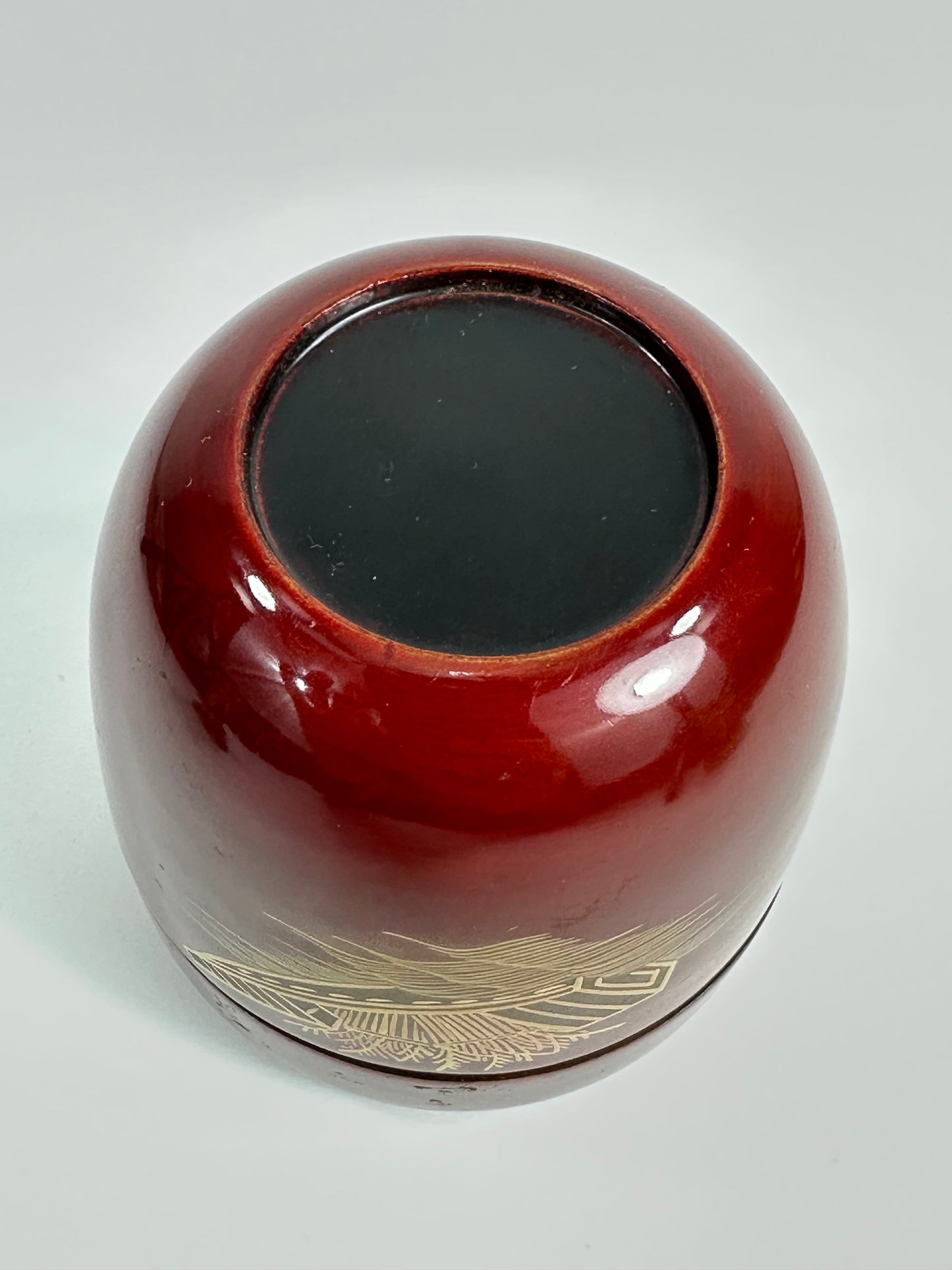 Vintage Japanese Tea Ceremony Natsume Red Lacquer Shibafune Gold Maki-e 3”