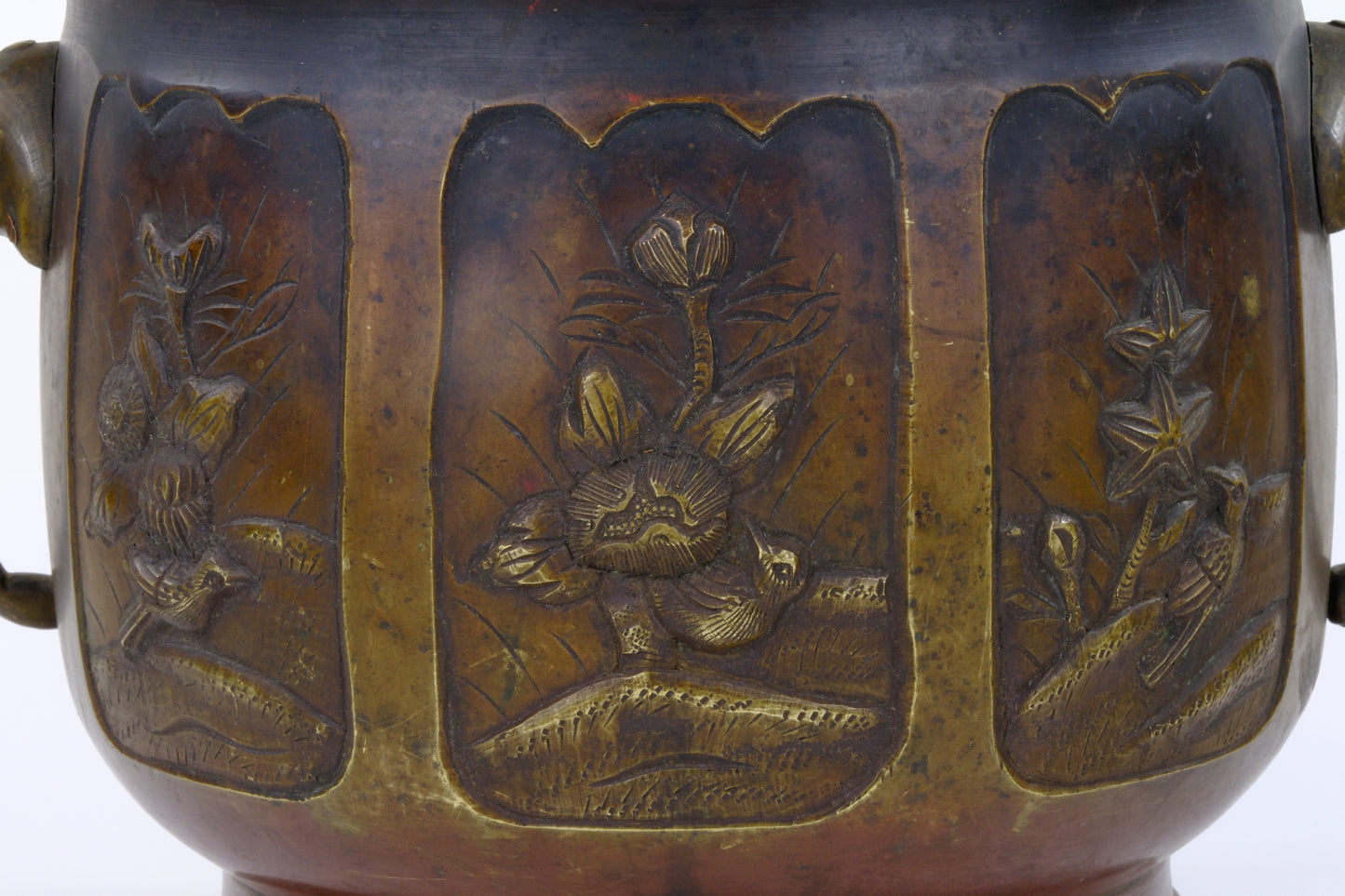 Antique Japanese Meiji Era Bronze Hibachi Brazier Floral Motif 9"H