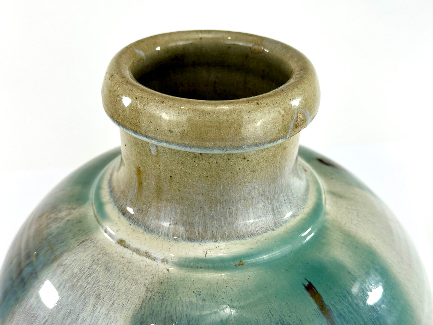Antique Japanese Tsubo Urn Blue-Green Shigaraki Drip Glaze 16"H