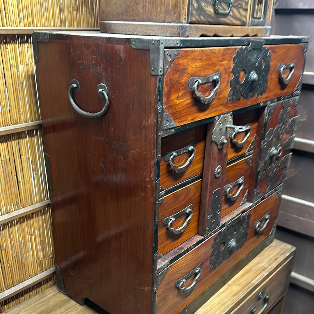 Antique Japanese Edo Era (c 1860) Bodansu Personal Tansu Red Lacquer 23"W