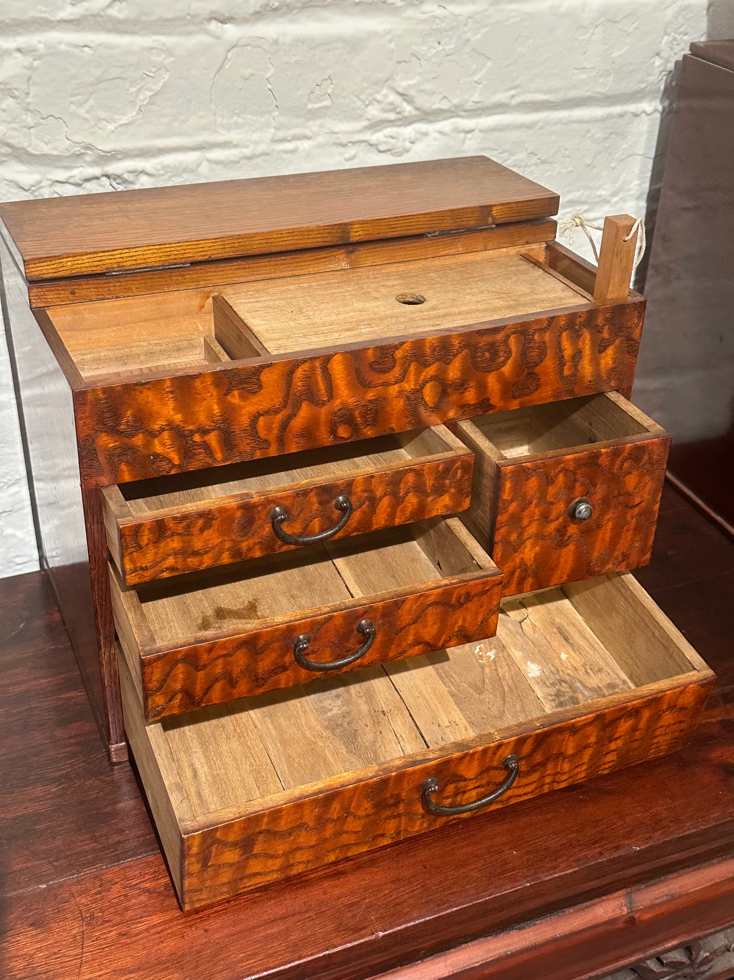 Antique Japanese Meiji Era c1920's Mulberry Wood Haribako Sewing Tansu 11.5"