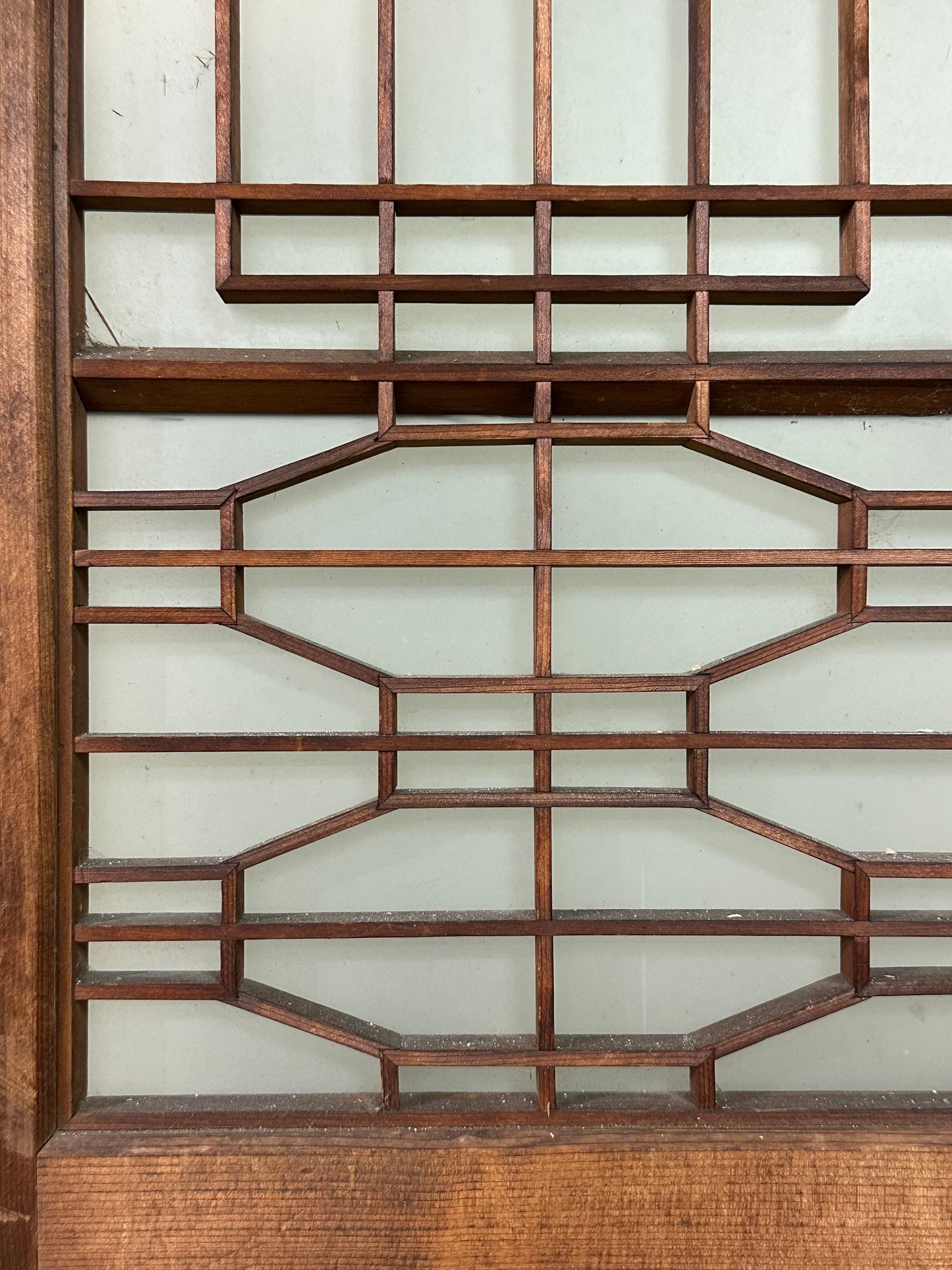 Vintage Japanese Window Glass Geometric Lattice Ranma Sugi Wood 41.5"