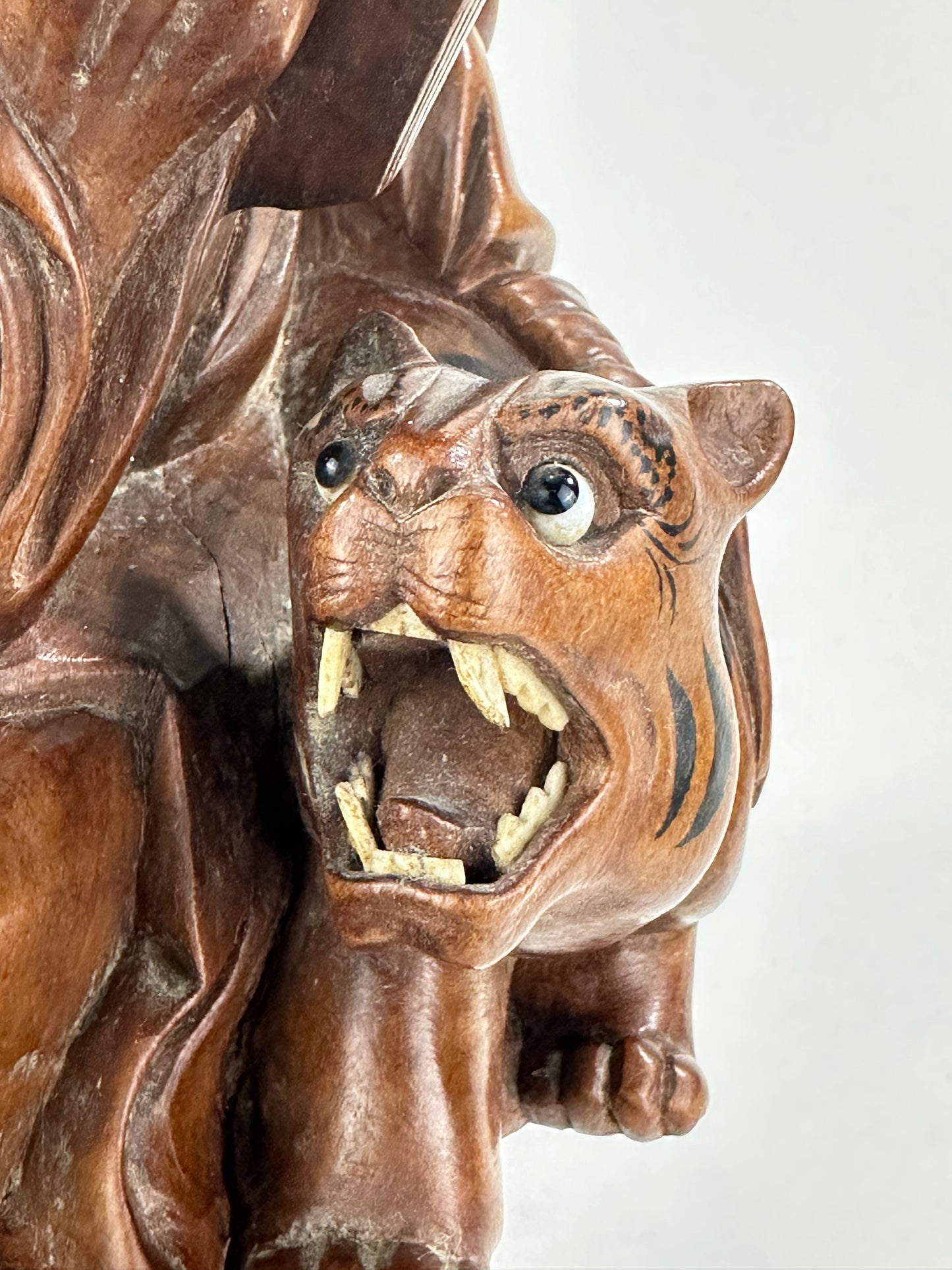 Antique Chinese Carved Wooden Statue of Immortal w/ Tiger 10”