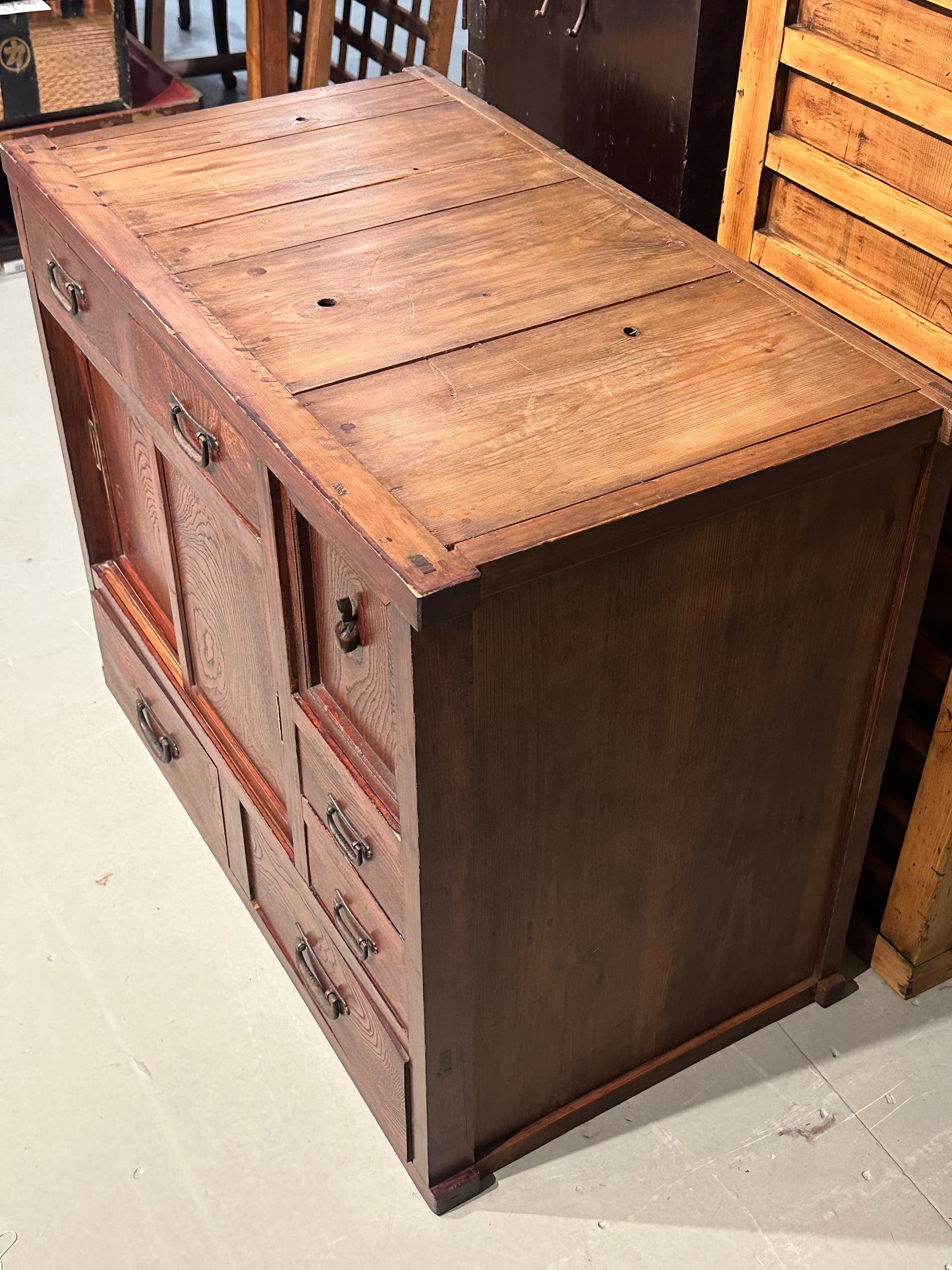 Antique Japanese Meiji Era Chobadansu Keyaki Elmwood Tansu Chest 34"W