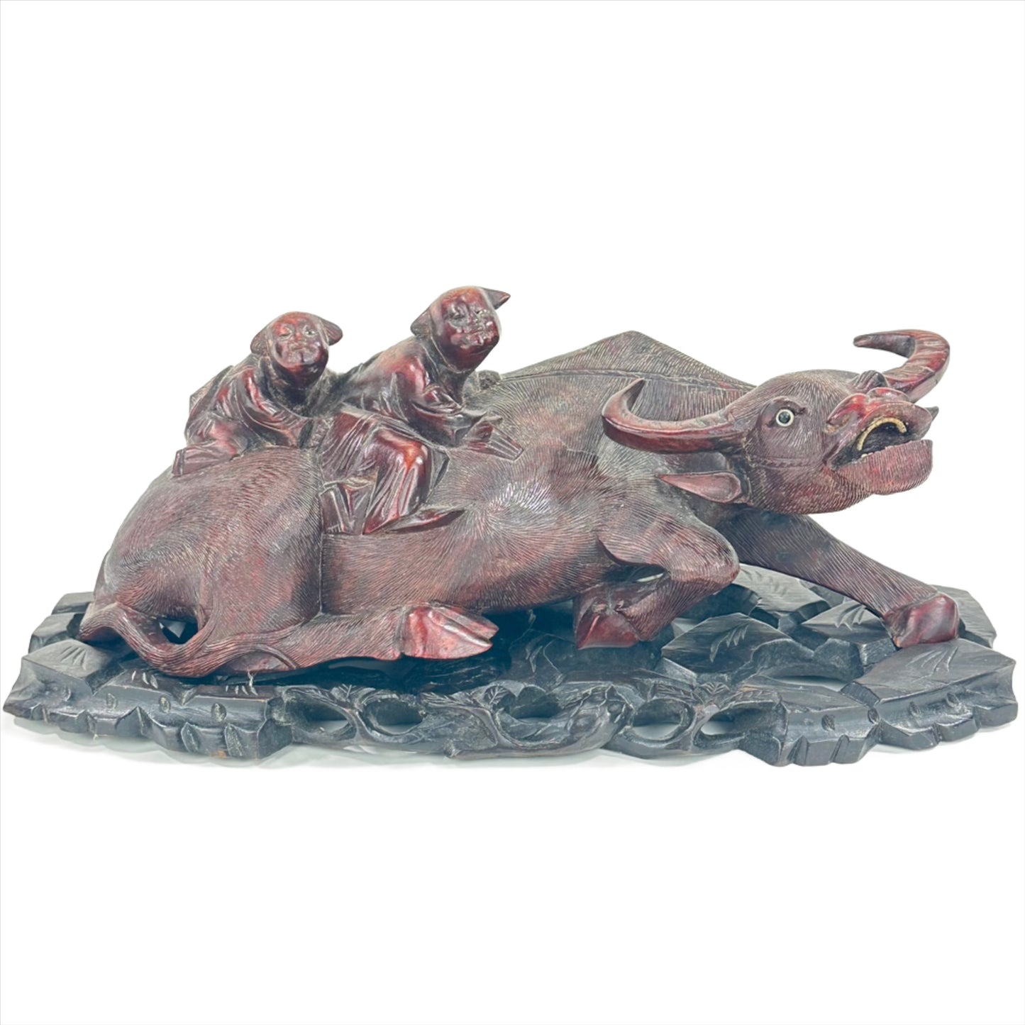 Antique Chinese Hand Carved Wooden Sculpture Buffalo & Children 14”