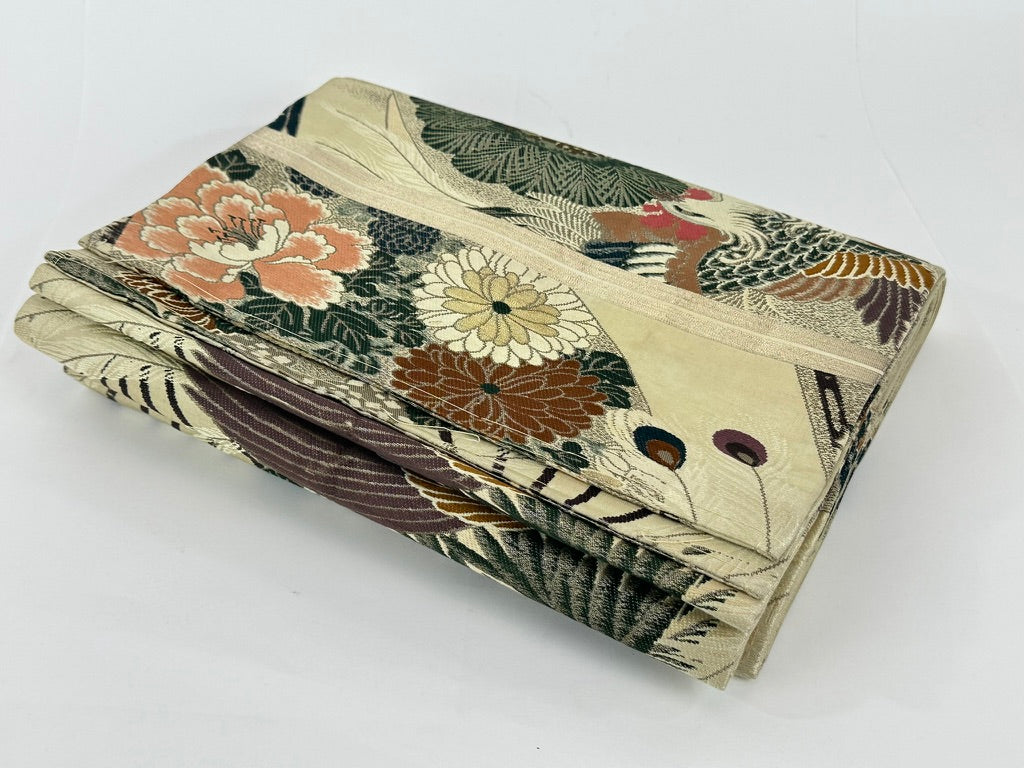 Antique Japanese Silk Maru Obi Taisho Phoenix Fan Chrysanthemum Pine 13'L