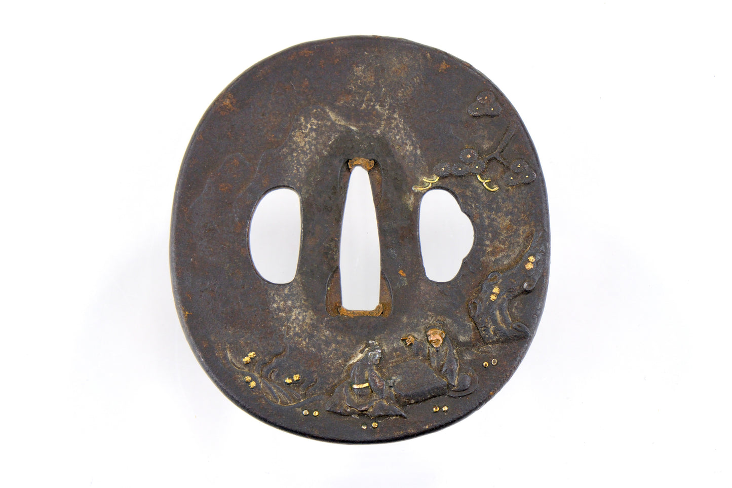 Antique Japanese Samurai Iron Tsuba Sword Hilt Guard Gold Copper Inlay