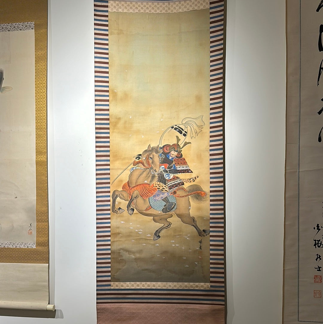 Japanese Scroll Hand Painted on Silk Taisho Era Samurai on Horseback 71"