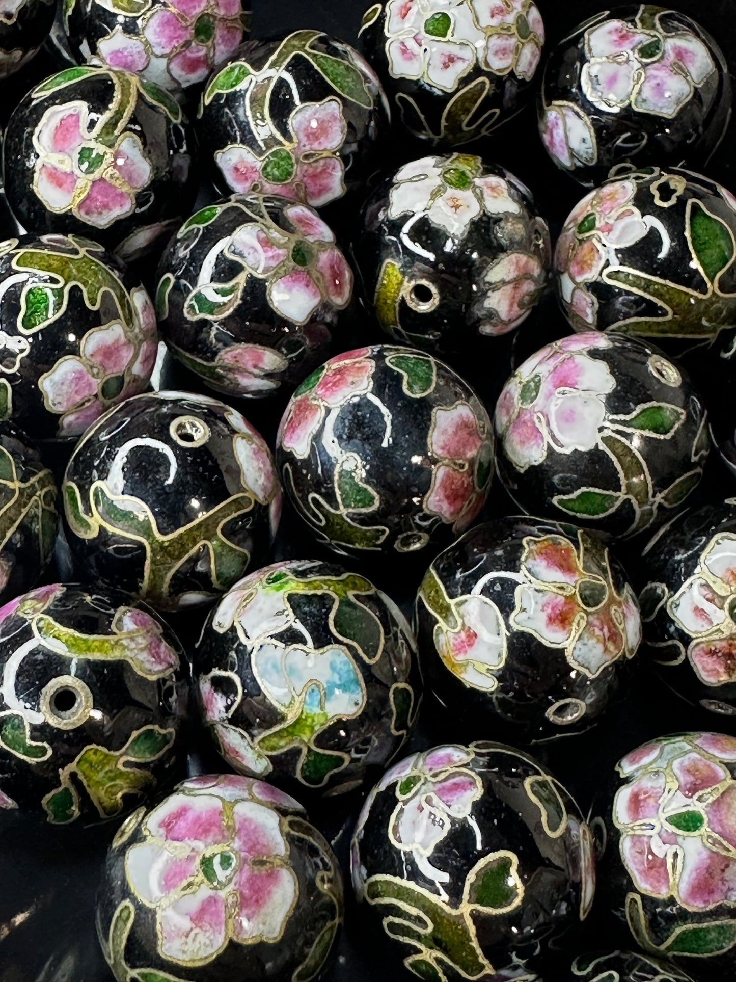 One Vintage Chinese Cloisonne Black & Pink Bead 18mm Glass Enamel Jewelry