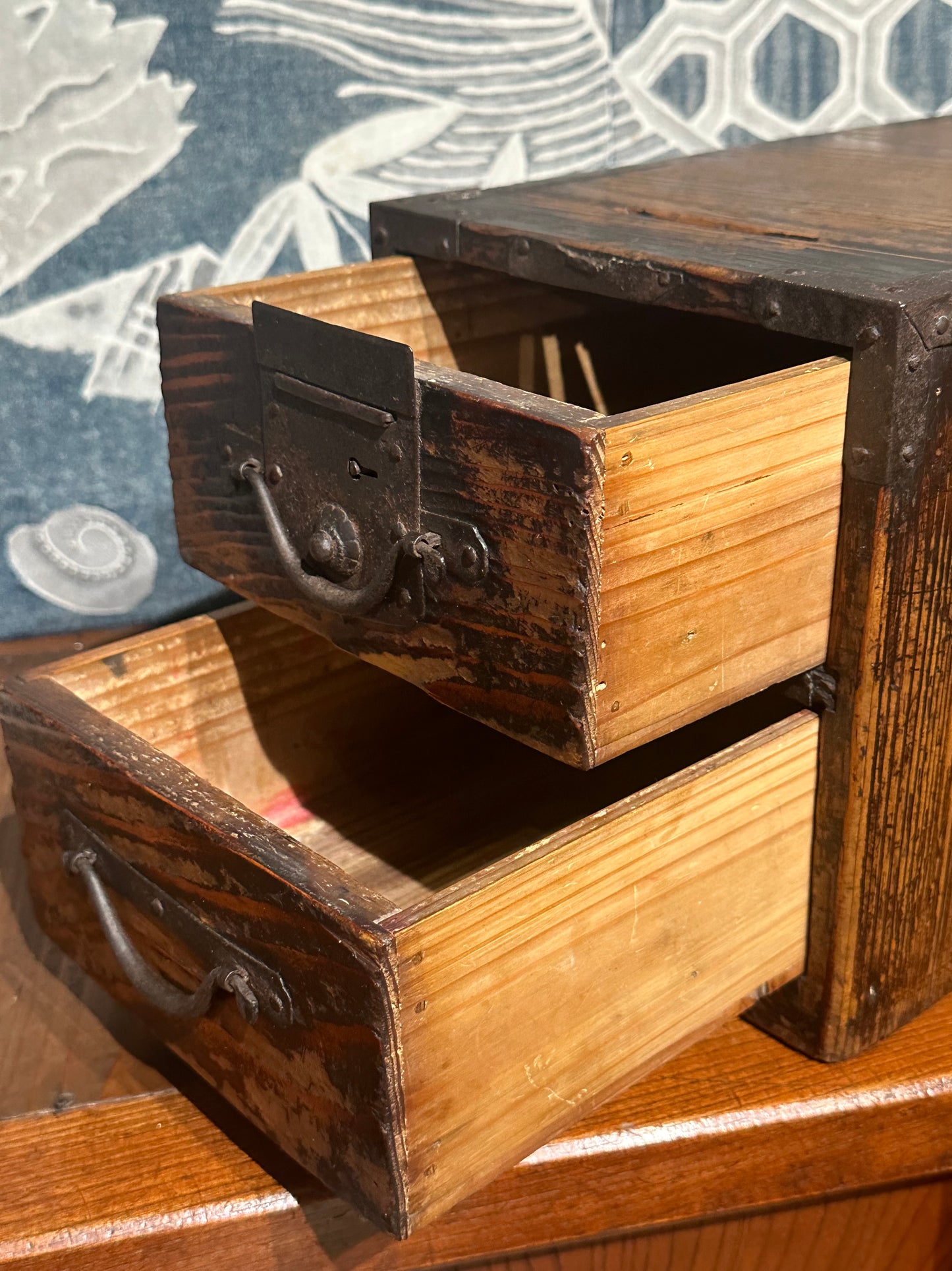 Antique Japanese Meiji c1881 Sugi Wood Suzuribako Ballot Box Tansu Chest 15”