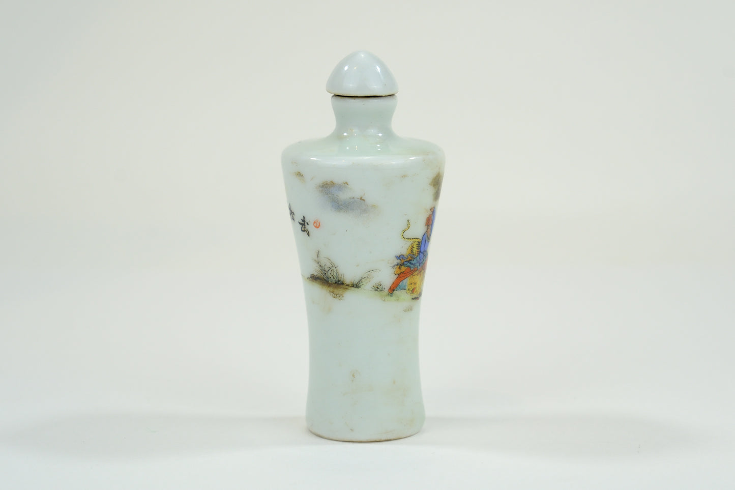 Vintage Chinese Porcelain Snuff Bottle Warrior on Tiger w/ Stopper 3"